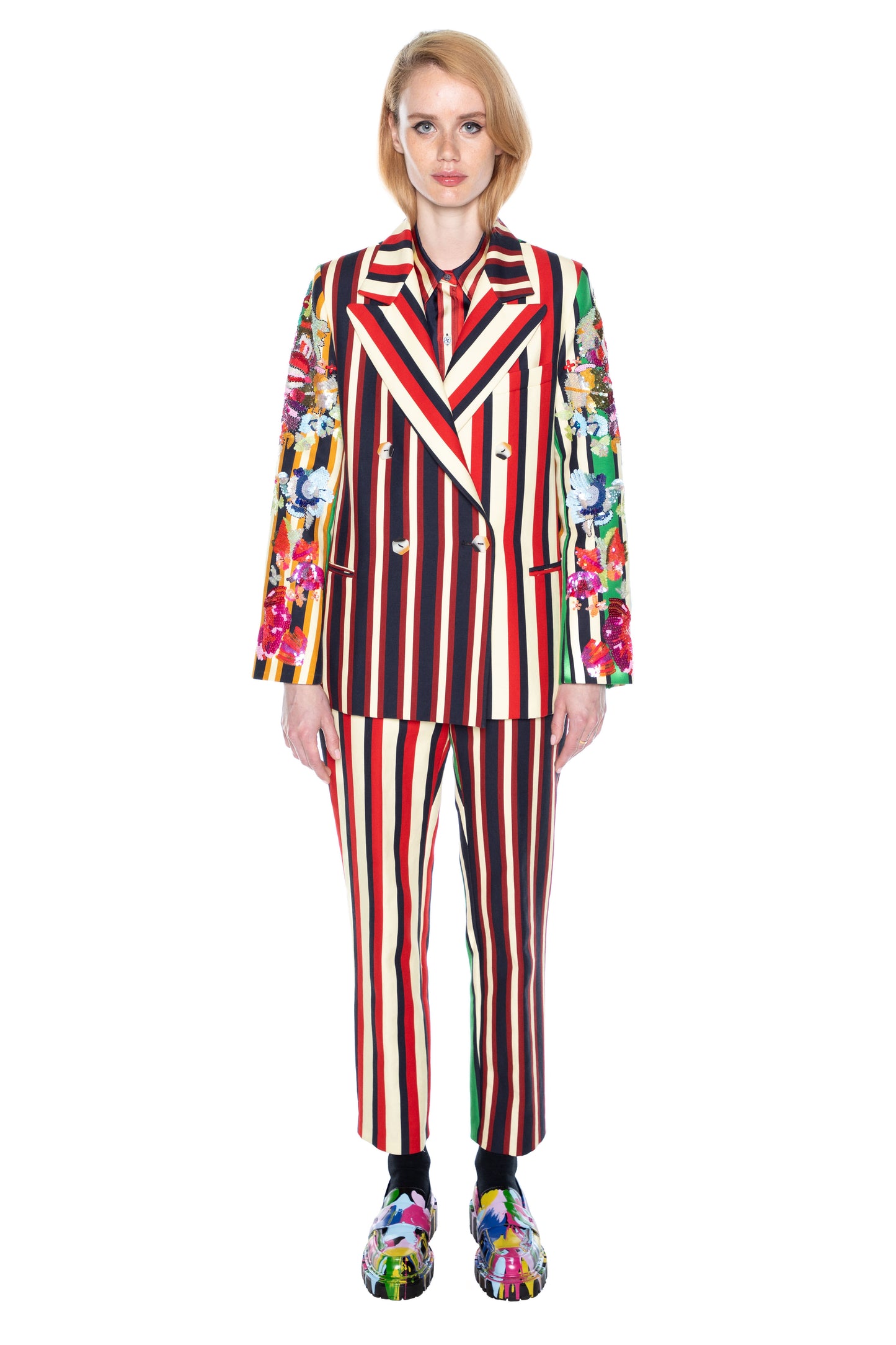 'EMBROIDERED ETON STRIPE' DOUBLE BREASTED BLAZER W/ EMBELLISHED SLEEVES - - Libertine