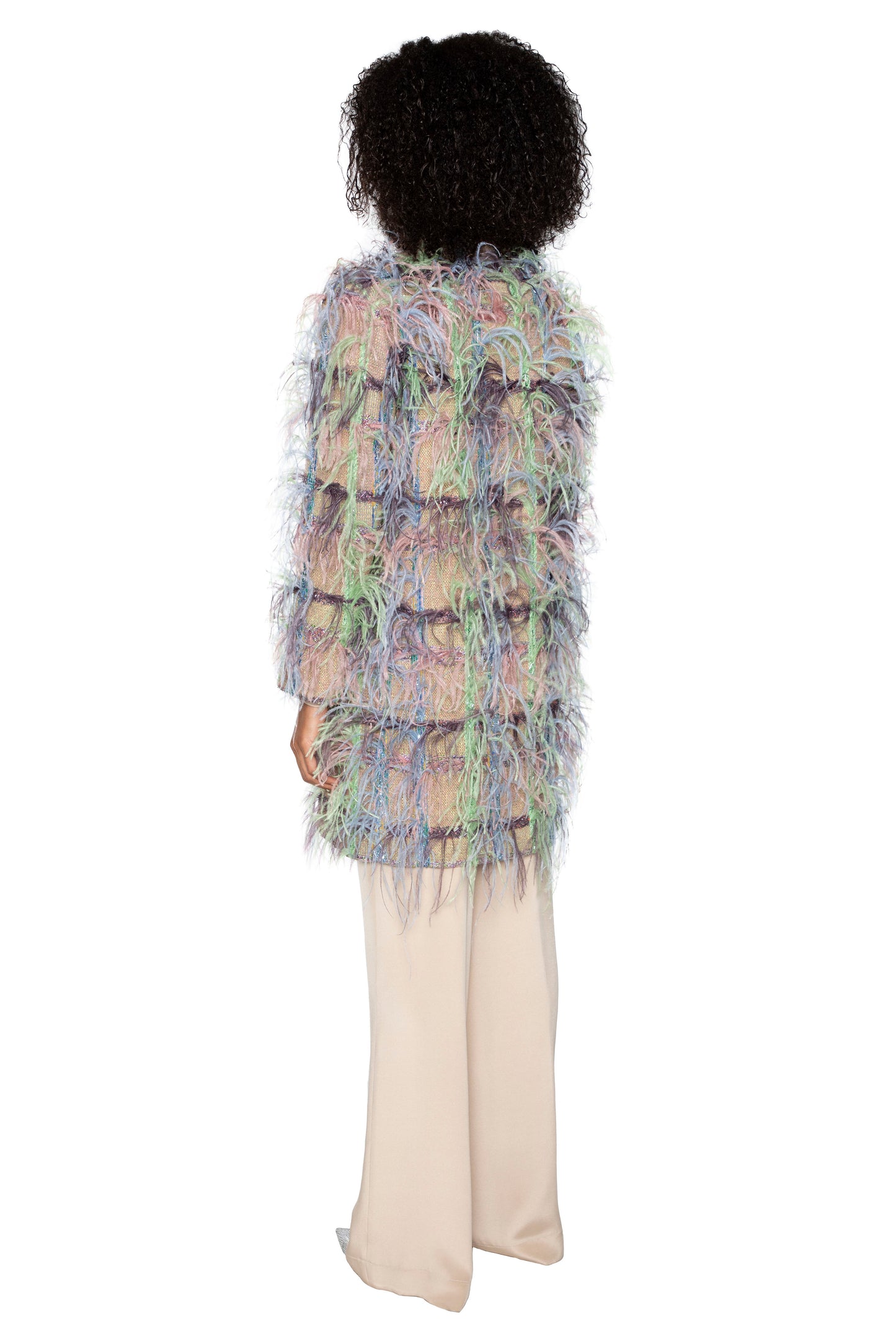'Lakmé' FAWN BOUCLE DOUBLE BREASTED COAT WITH FEATHERS - - Libertine