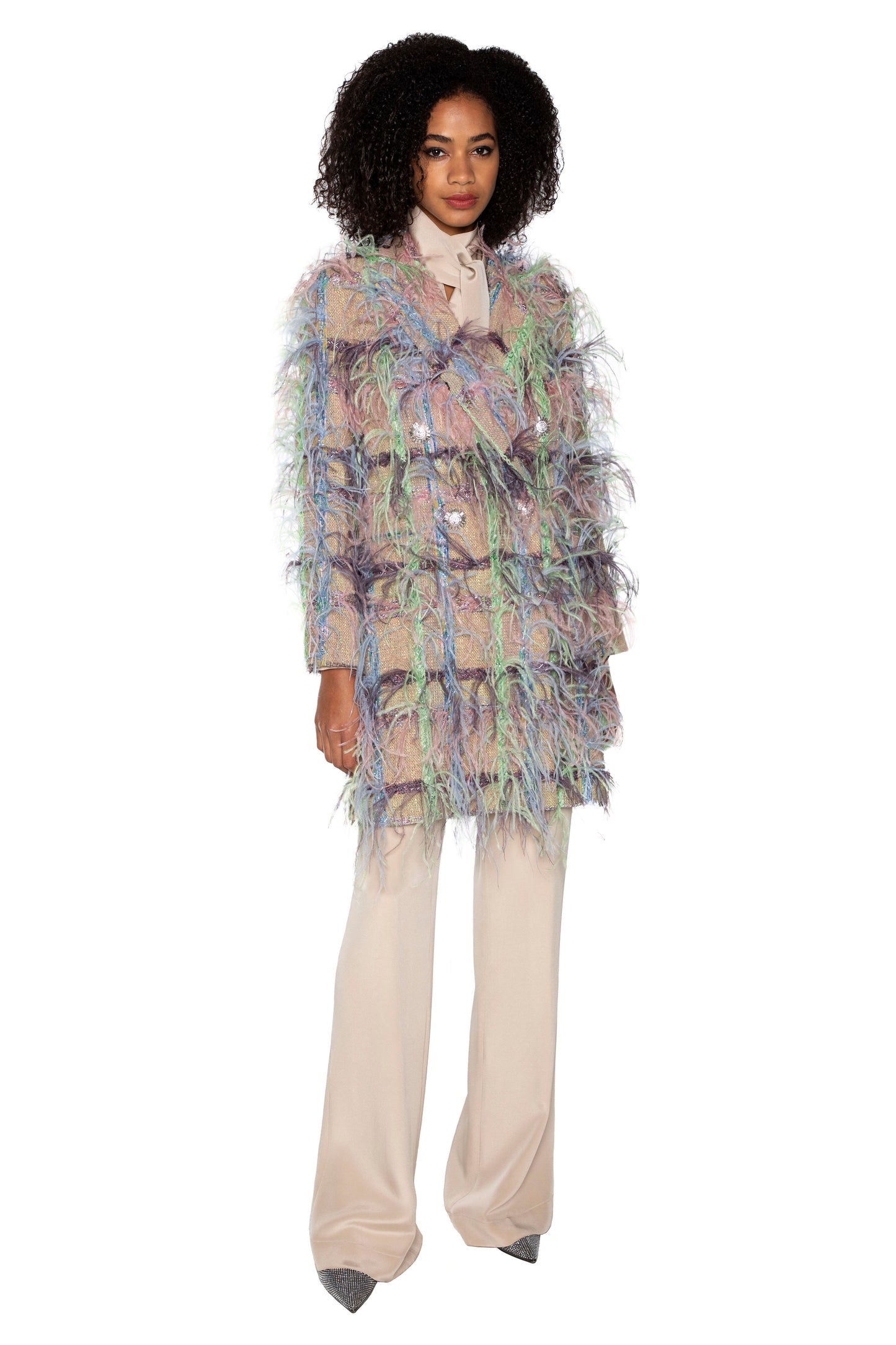 'Lakmé' FAWN BOUCLE DOUBLE BREASTED COAT WITH FEATHERS - - Libertine