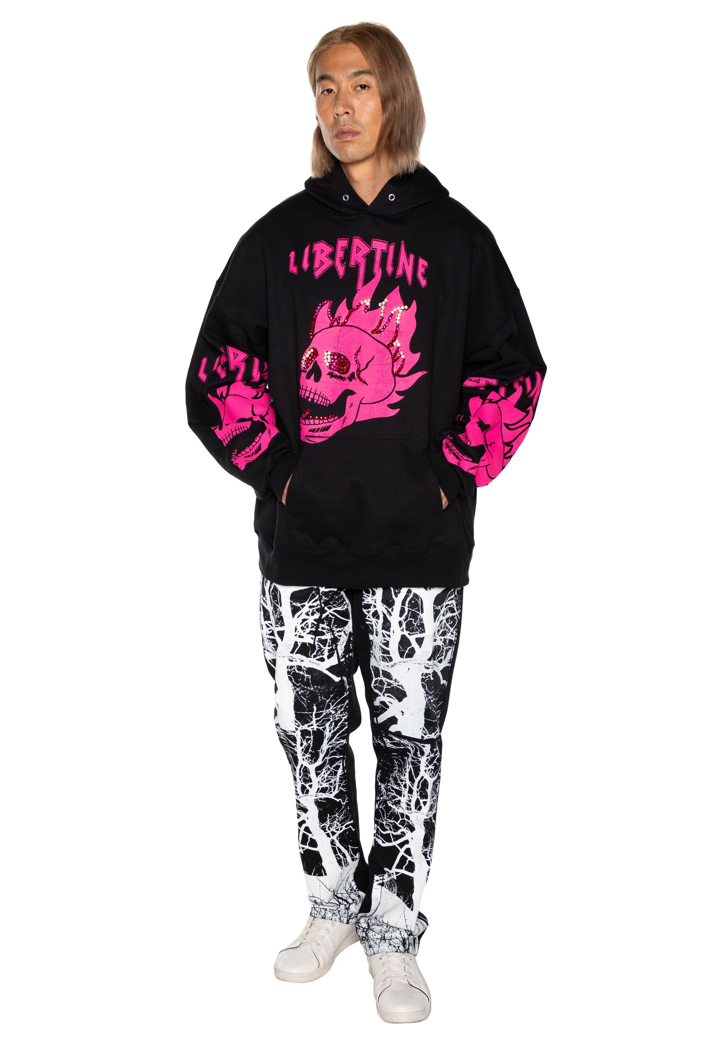 'LIB FLAMING SKULL PINK' HOODIE WITH CRYSTALS - - Libertine