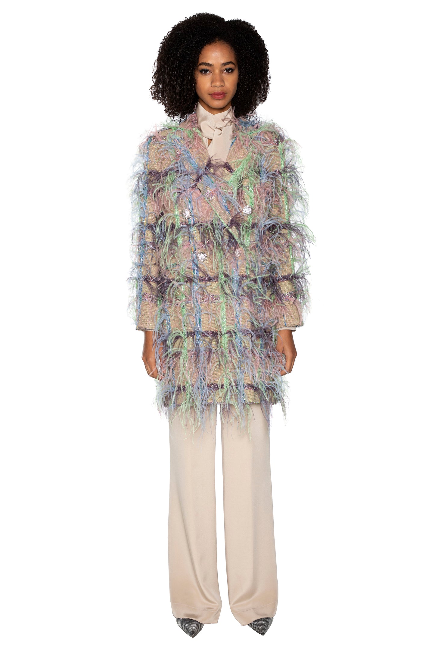'Lakmé' FAWN BOUCLE DOUBLE BREASTED COAT WITH FEATHERS - - Libertine