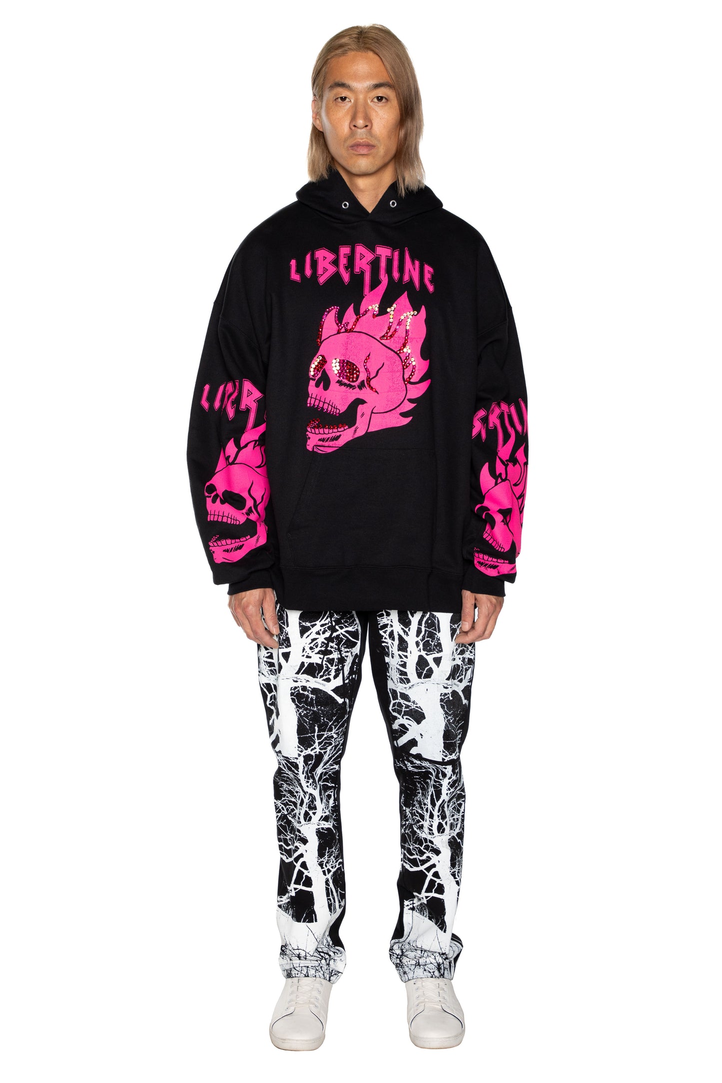 'LIB FLAMING SKULL PINK' HOODIE WITH CRYSTALS - - Libertine