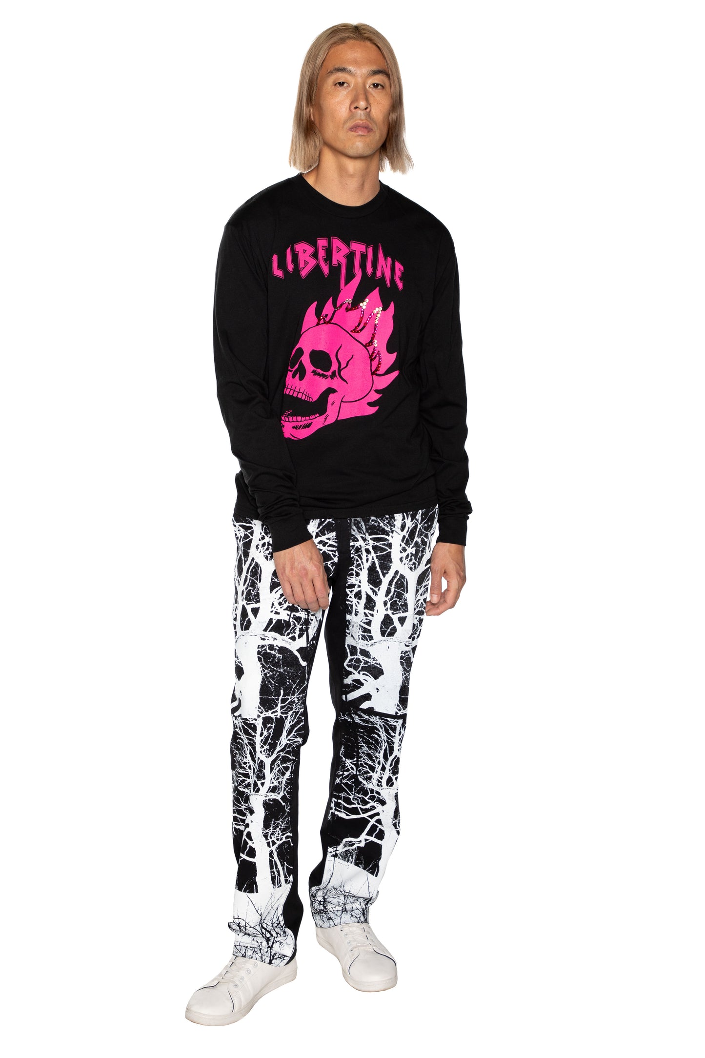 'LIB FLAMING SKULL PINK' UNISEX LONG SLEEVE T SHIRT - - Libertine