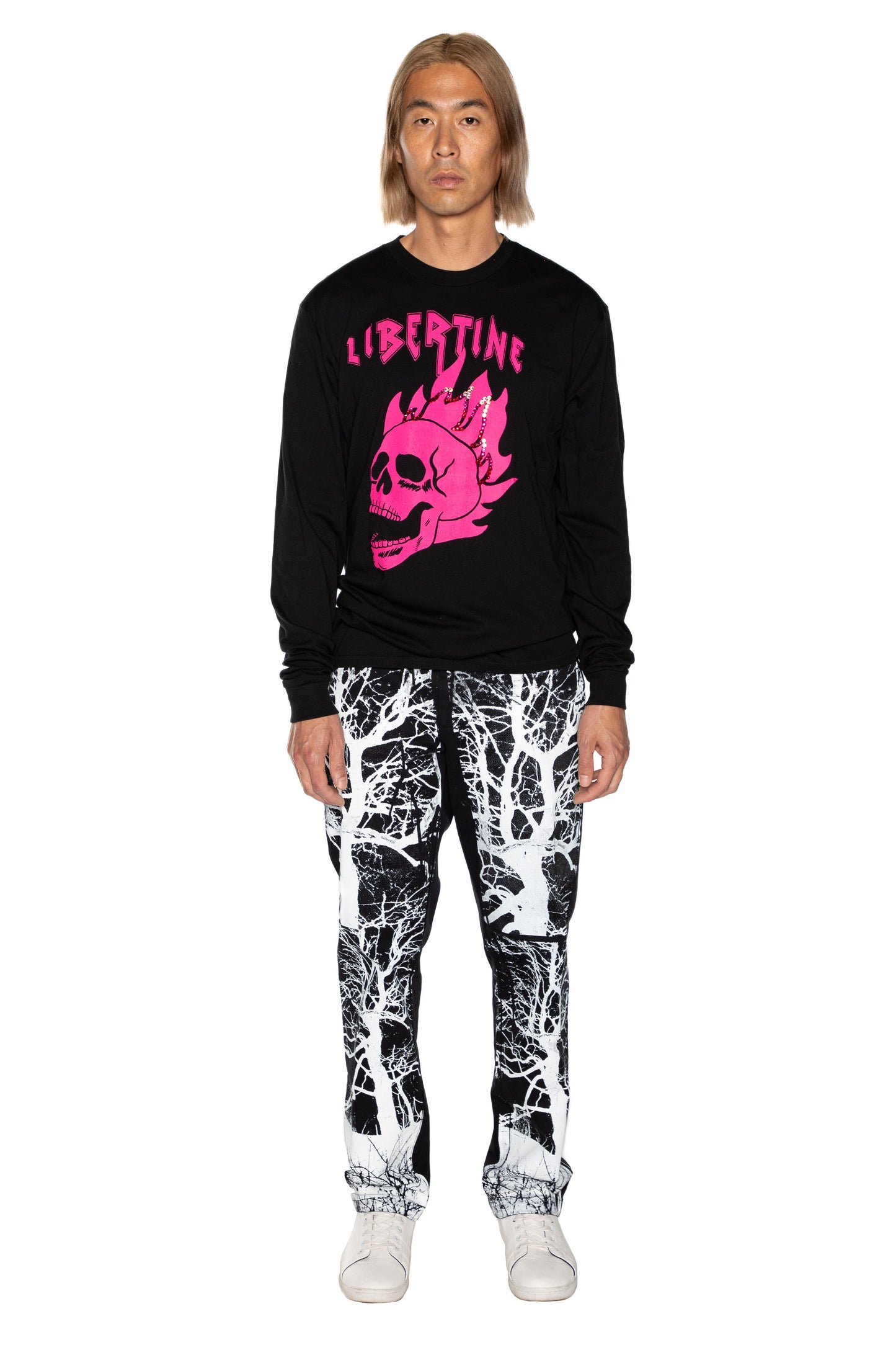 'LIB FLAMING SKULL PINK' UNISEX LONG SLEEVE T SHIRT - - Libertine