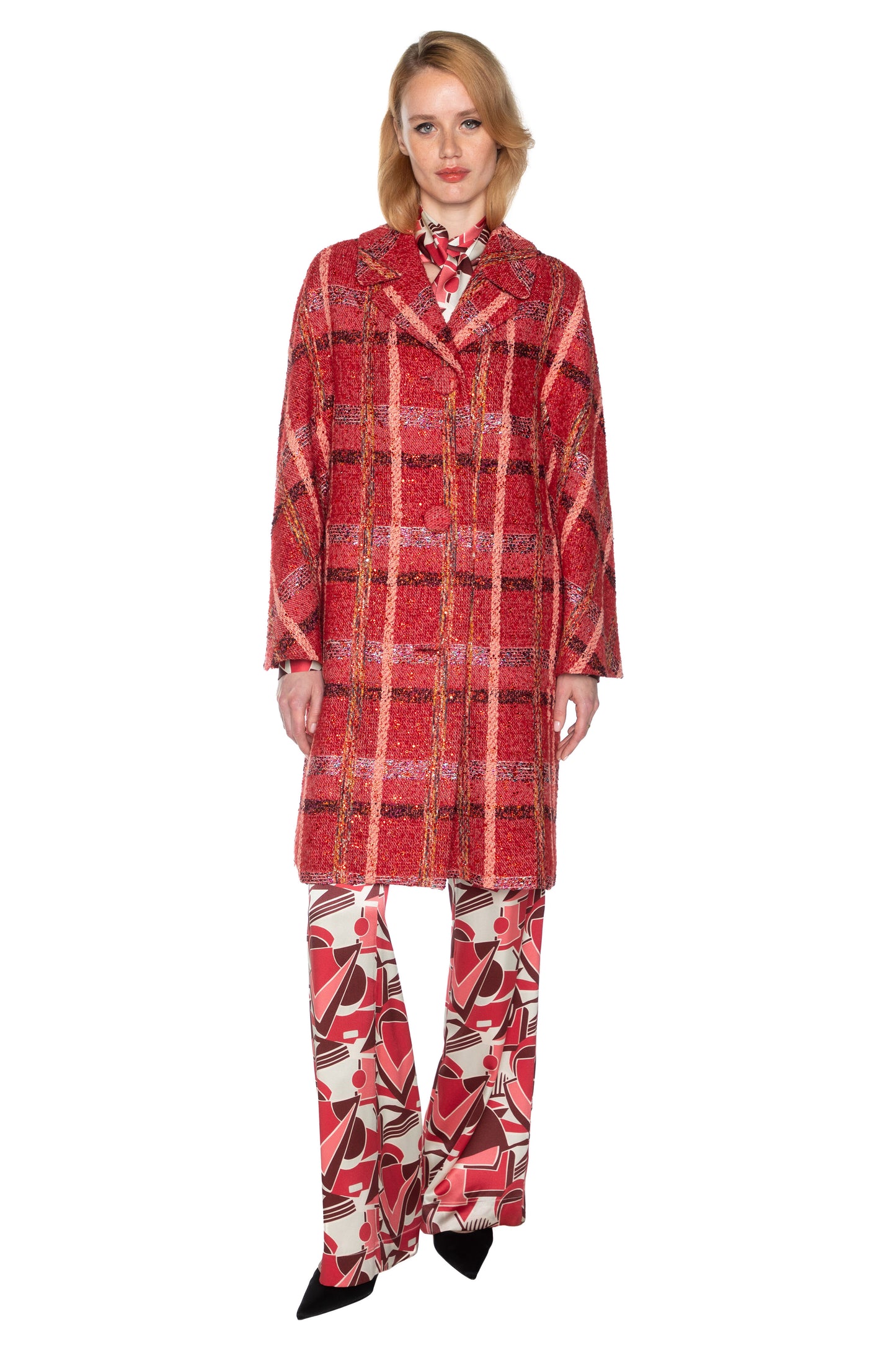 'RED BOUCLE HEAVY STARDUST' L/S PATCH POCKET COAT W/ CRYSTALS - - Libertine