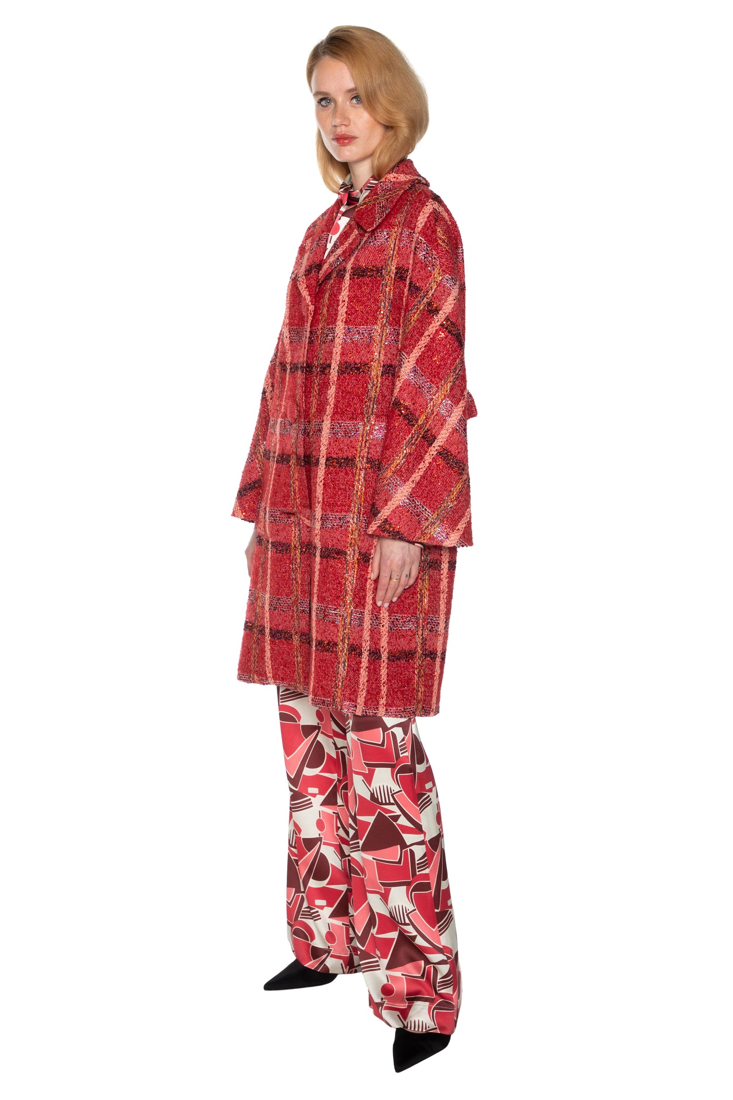 'RED BOUCLE HEAVY STARDUST' L/S PATCH POCKET COAT W/ CRYSTALS - - Libertine