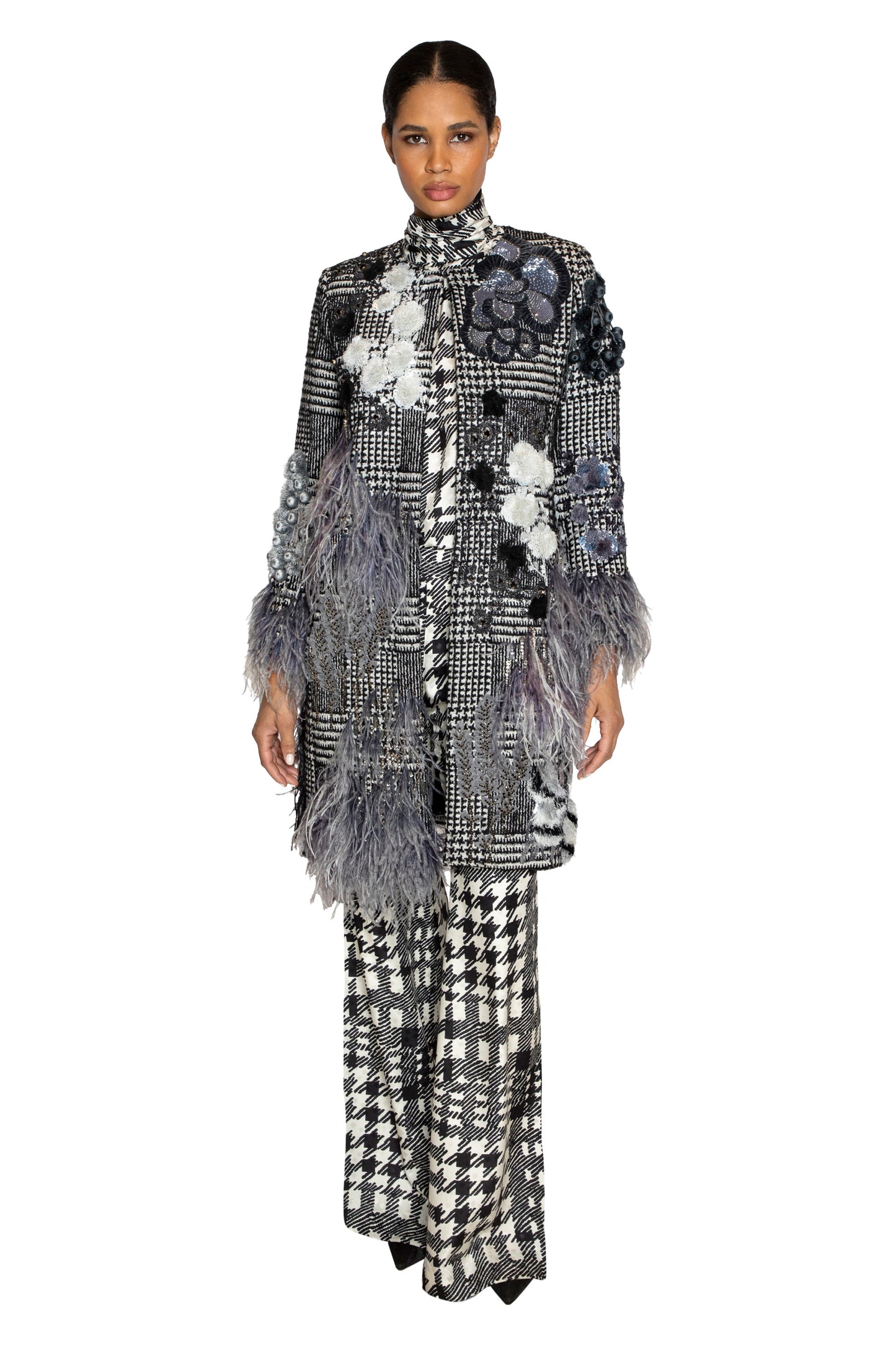 'GLAM ROCK' CLASSIC COLLARLESS COAT WITH FEATHERS - - Libertine