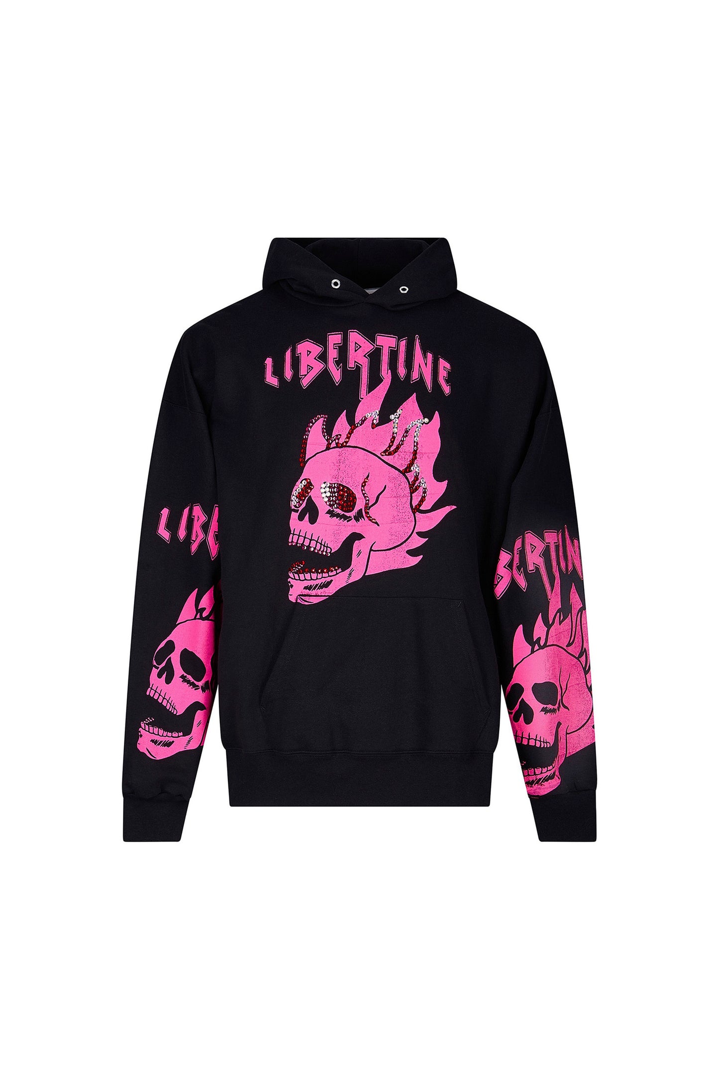 'LIB FLAMING SKULL PINK' HOODIE WITH CRYSTALS - - Libertine