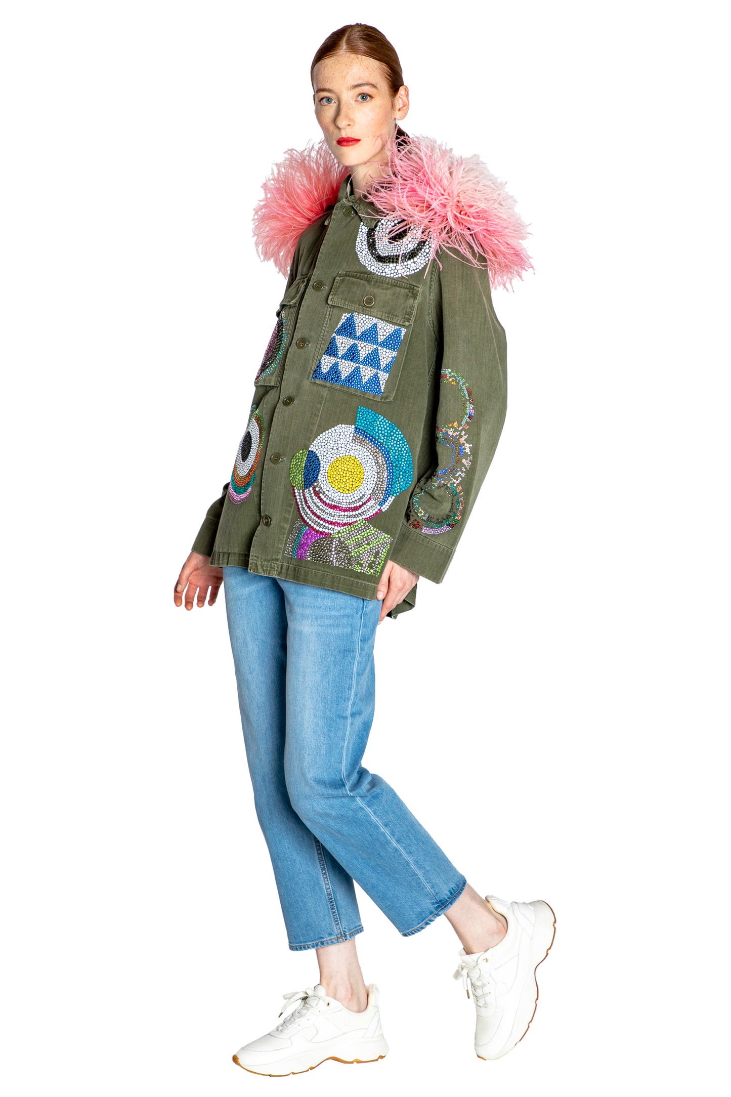 'SONIA CRYSTAL' VINTAGE FRENCH MILITARY JACKET WITH FEATHERS - - Libertine