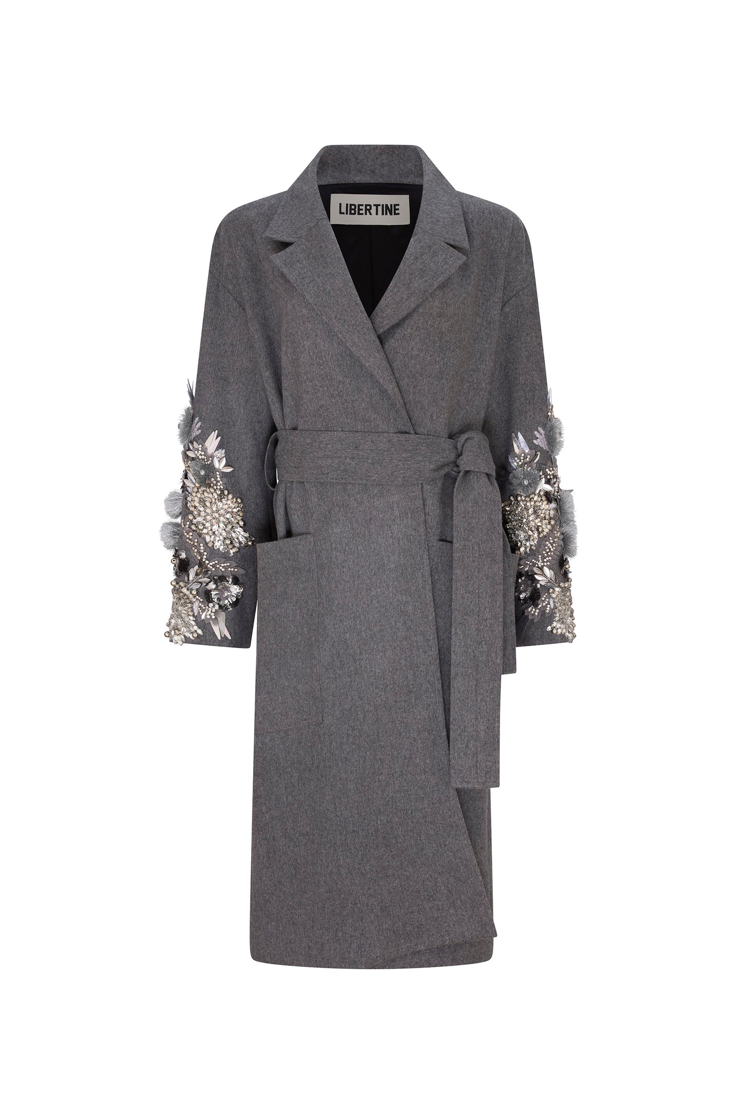 'FROSTED FLOWERS' EMBELLISHED NOTCHED LAPEL WRAP COAT - - Libertine