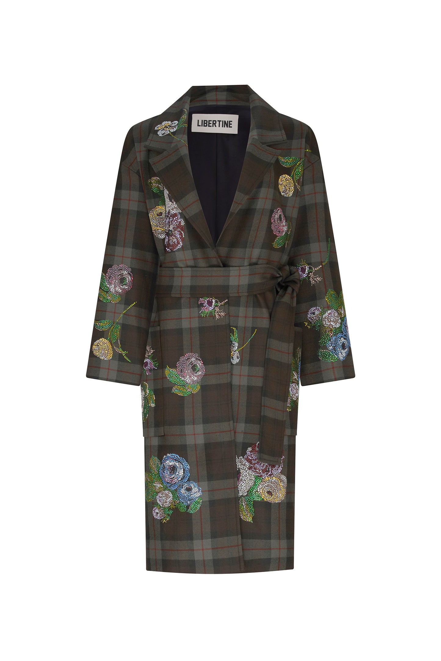 'SCOTTISH ROSE DIAMANTE' NOTCHED LAPEL WRAP COAT - - Libertine