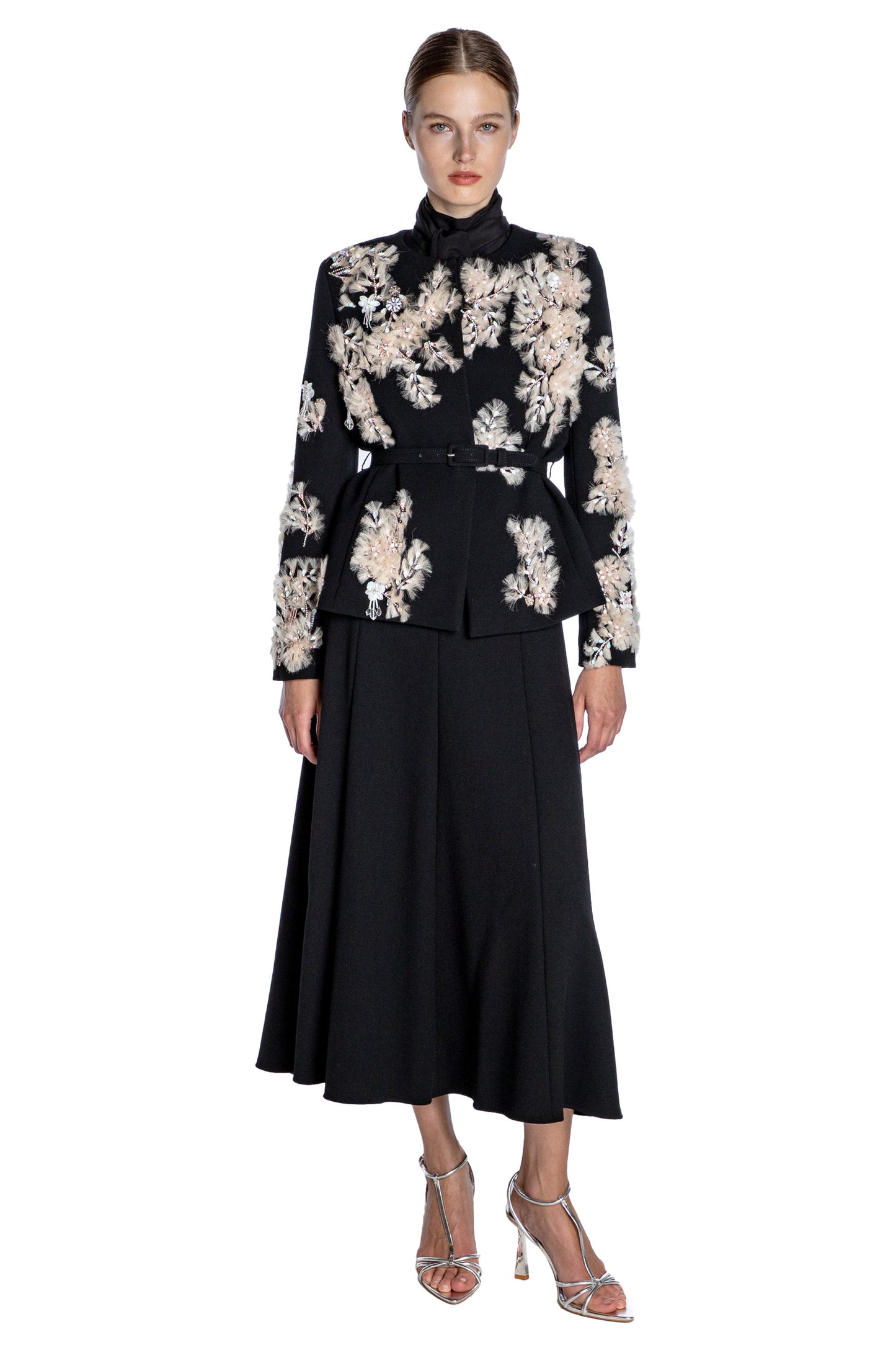 'WHISPERING BLOOMS' EMBELLISHED BELTED WRAP JACKET