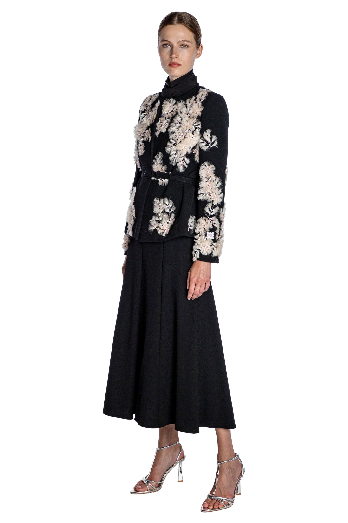 'WHISPERING BLOOMS' EMBELLISHED BELTED WRAP JACKET