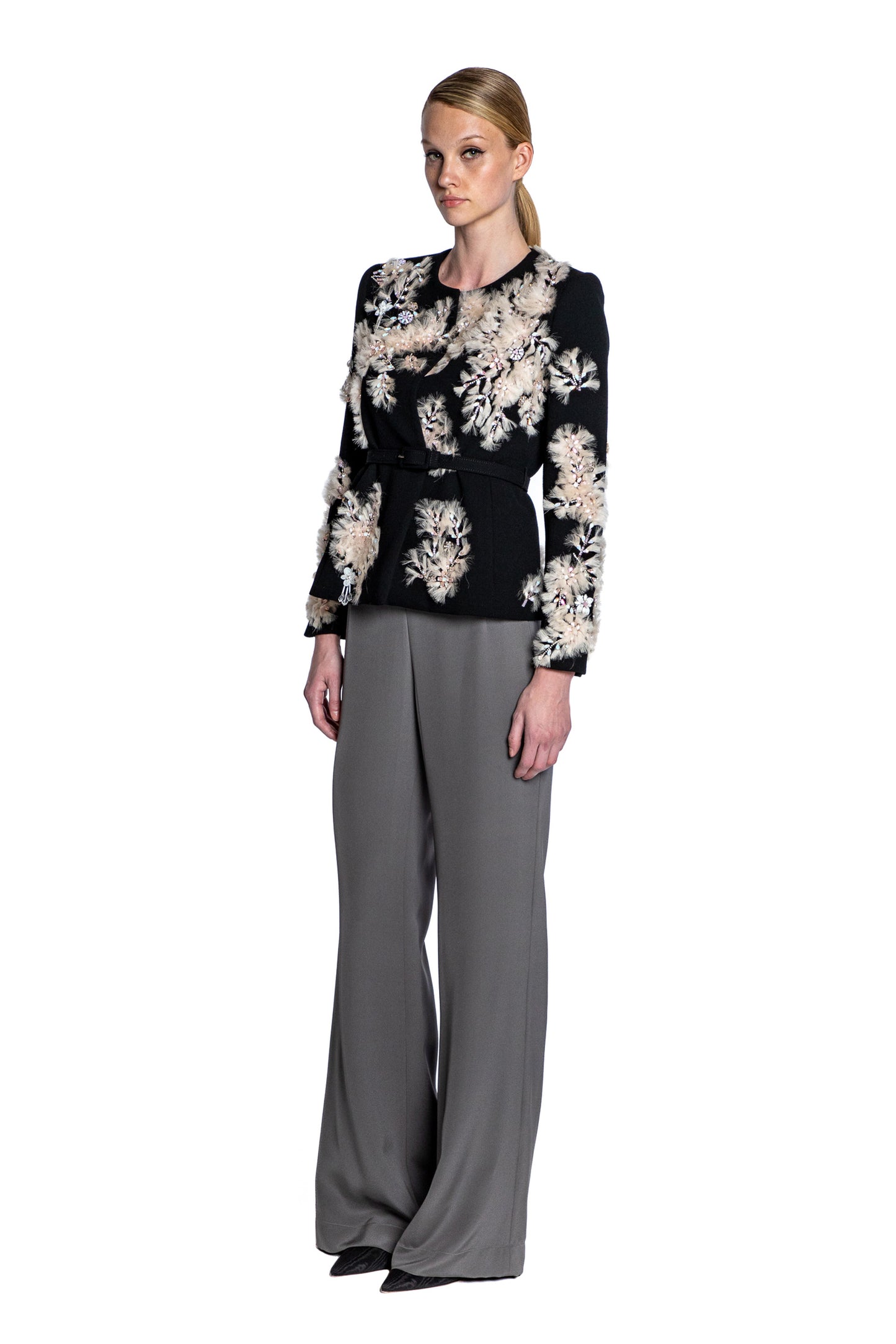 'WHISPERING BLOOMS' EMBELLISHED BELTED WRAP JACKET - - Libertine