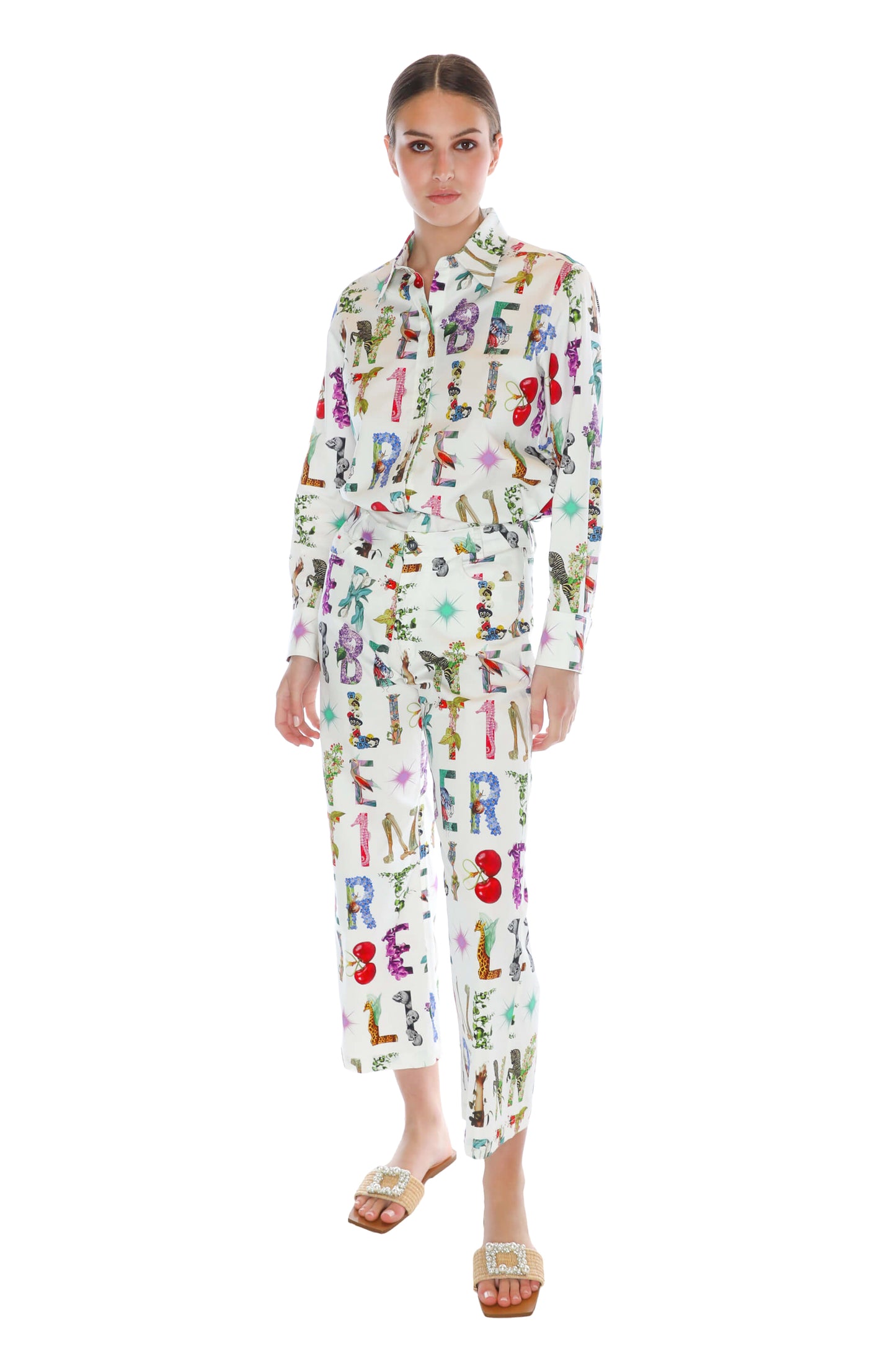 'WHITE DECO LETTERS' CROPPED WIDE LEG PANT - - Libertine