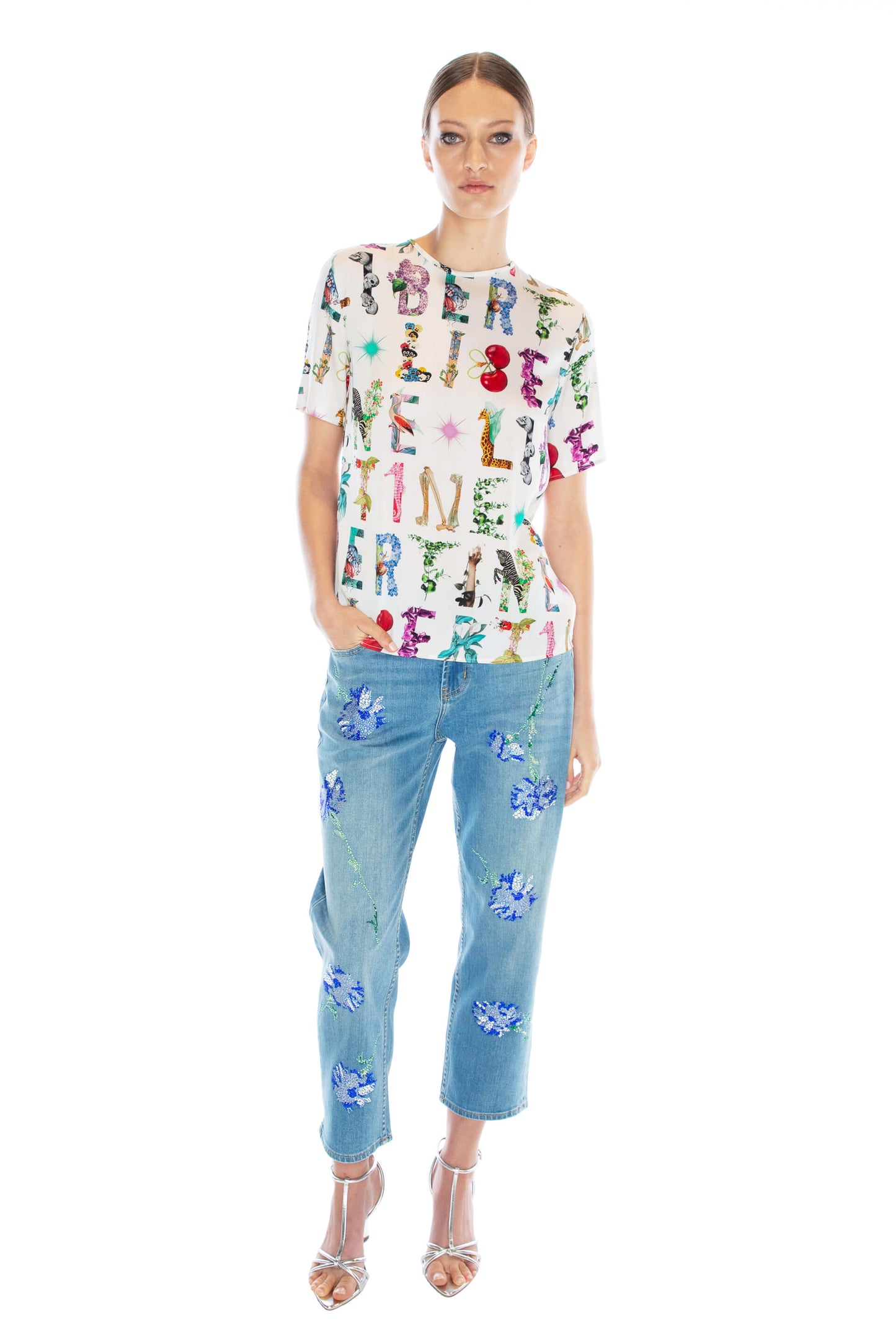 'WHITE DECO LETTERS' SHORT SLEEVE BLOUSE - - Libertine