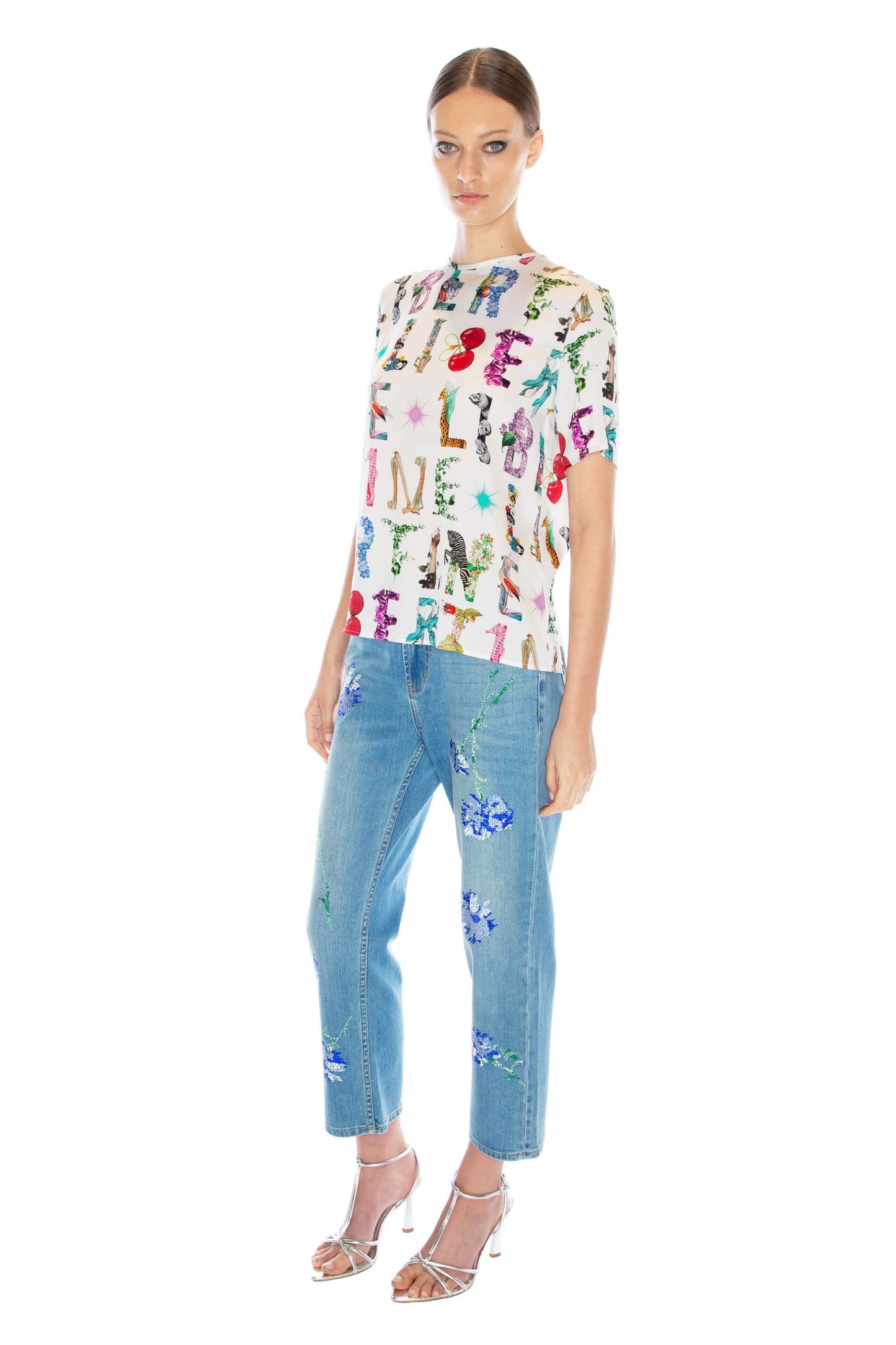 'WHITE DECO LETTERS' SHORT SLEEVE BLOUSE - - Libertine