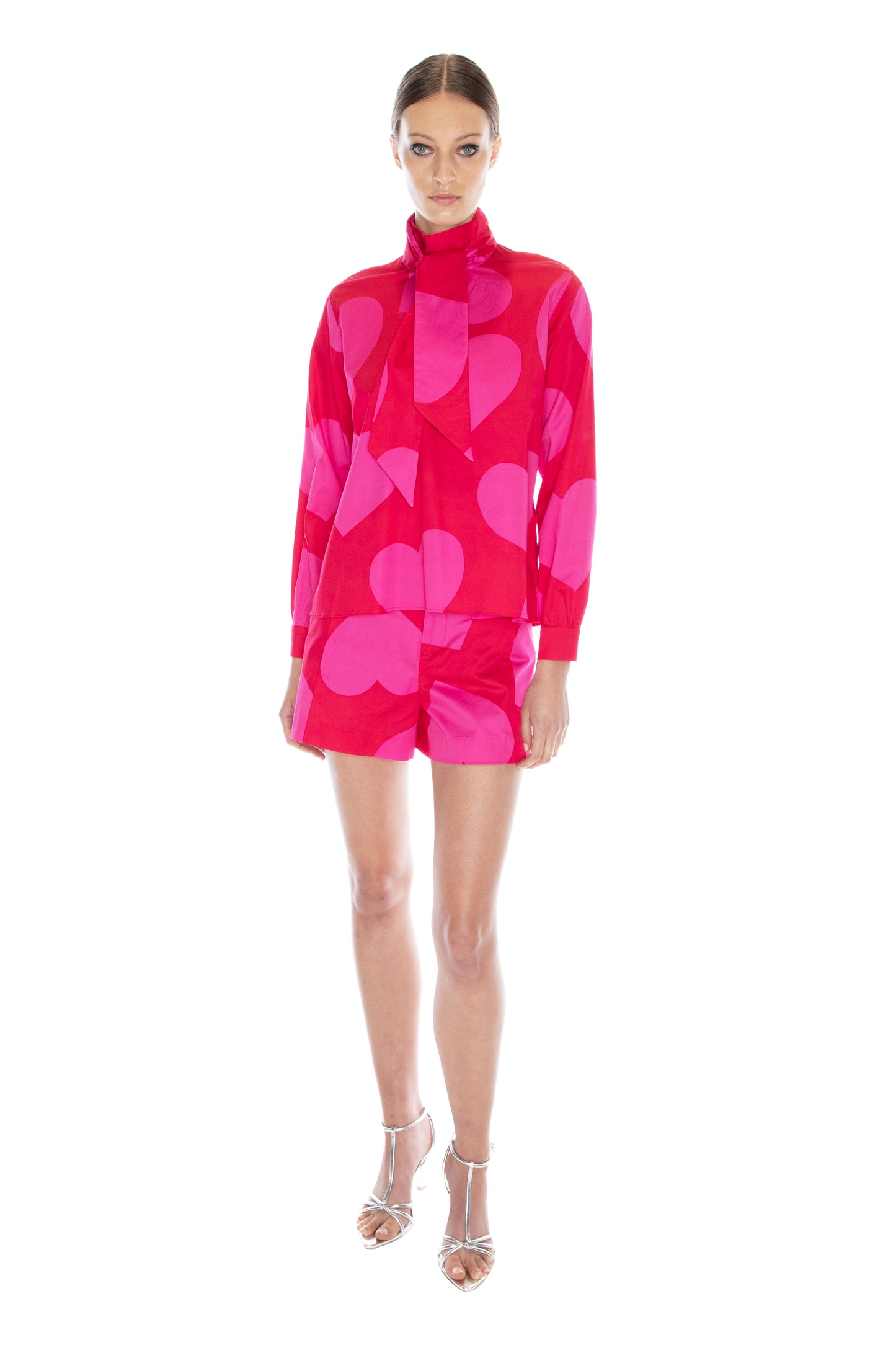 'PINKY RED HEARTS' SLIM KEITH TIE BLOUSE - - Libertine