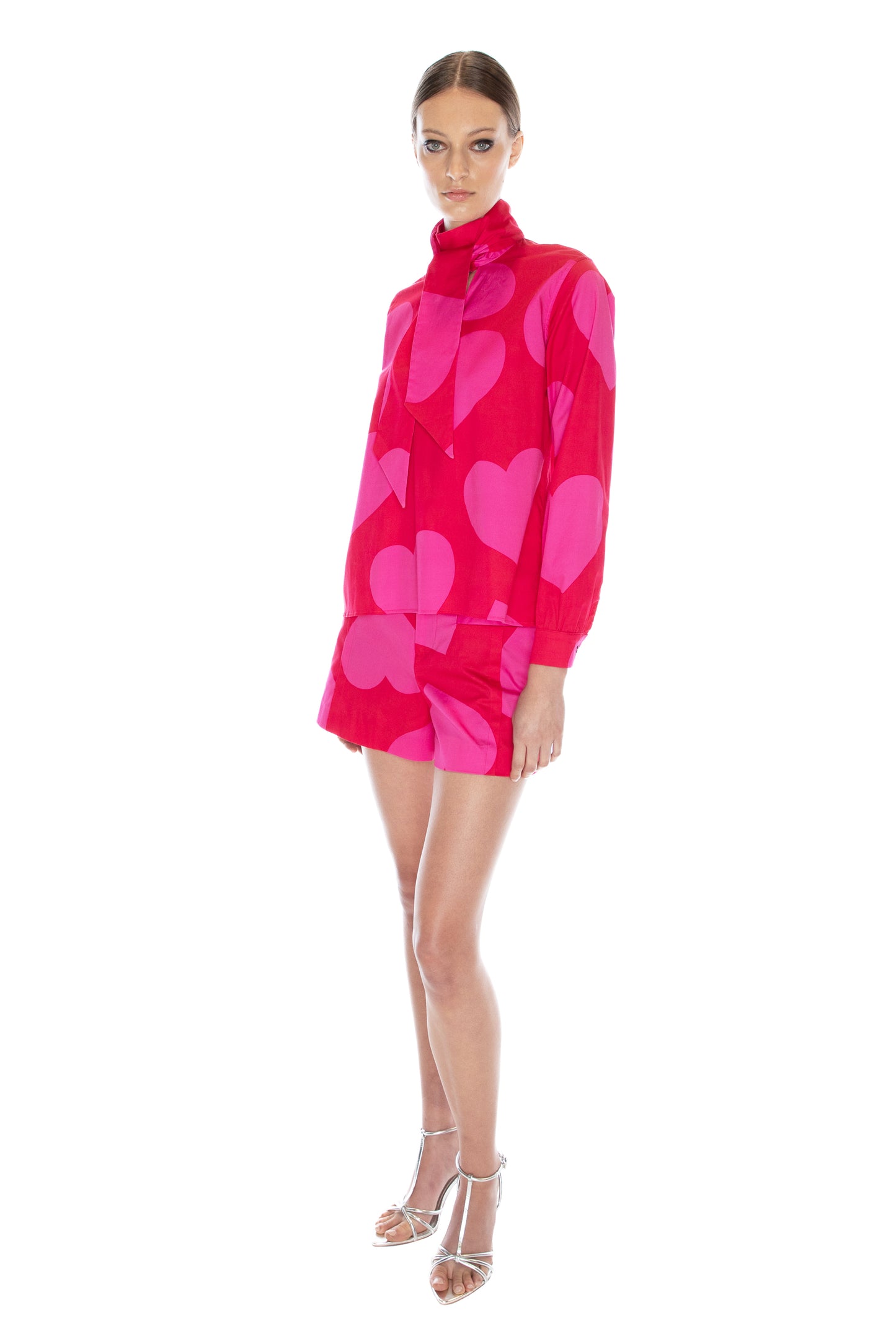 'PINKY RED HEARTS' SLIM KEITH TIE BLOUSE - - Libertine