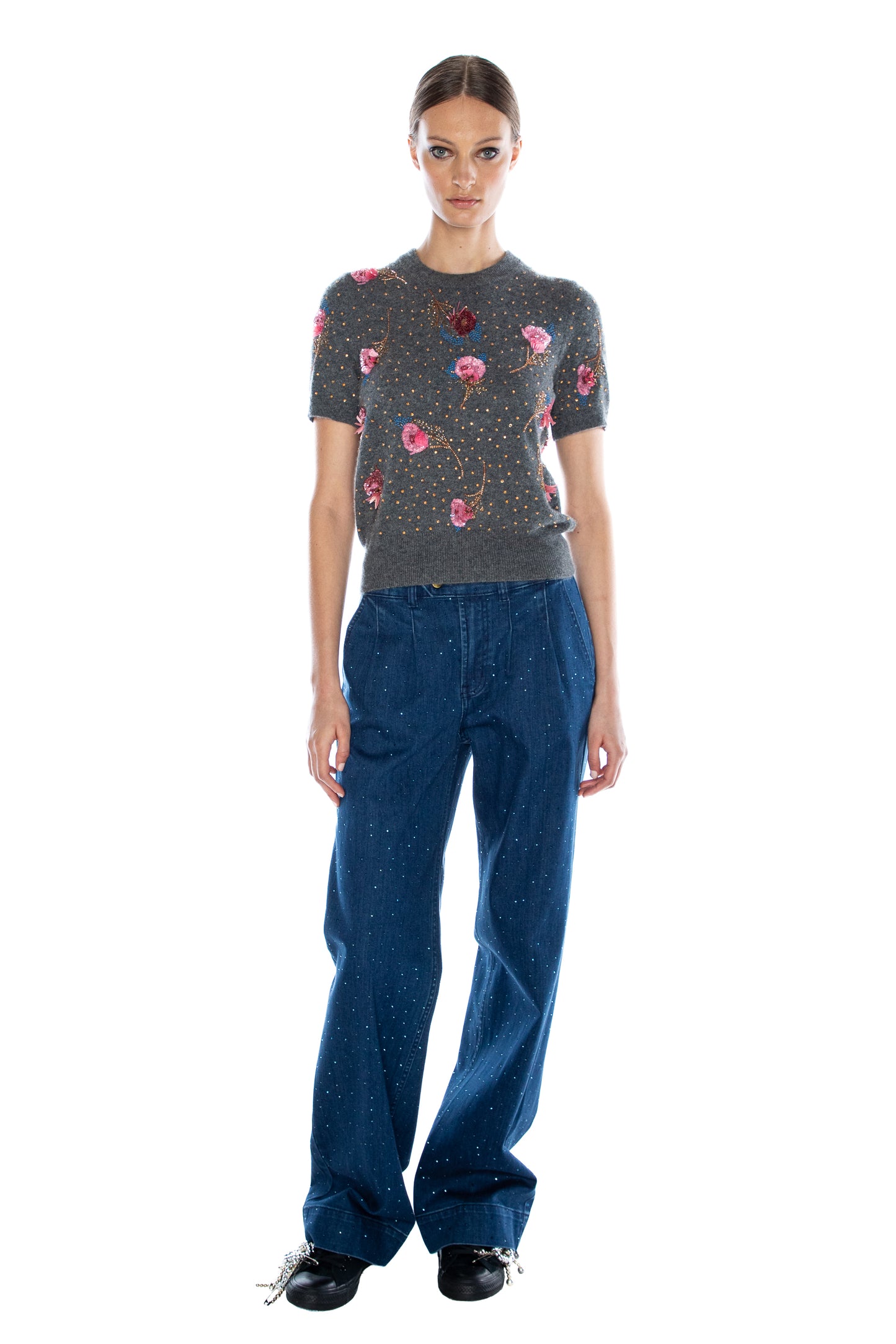 'BLOOMS' EMBELLISHED SHORT SLEEVE PULLOVER - - Libertine