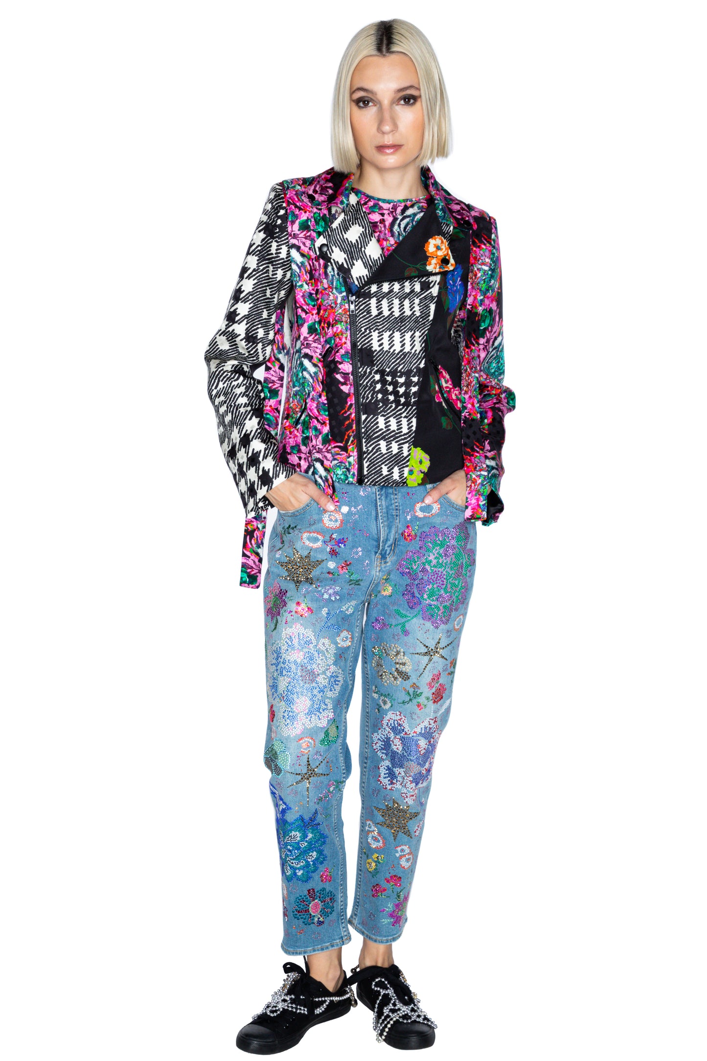 'MIXED SILK' MOTO JACKET WITH STRAPS - - Libertine