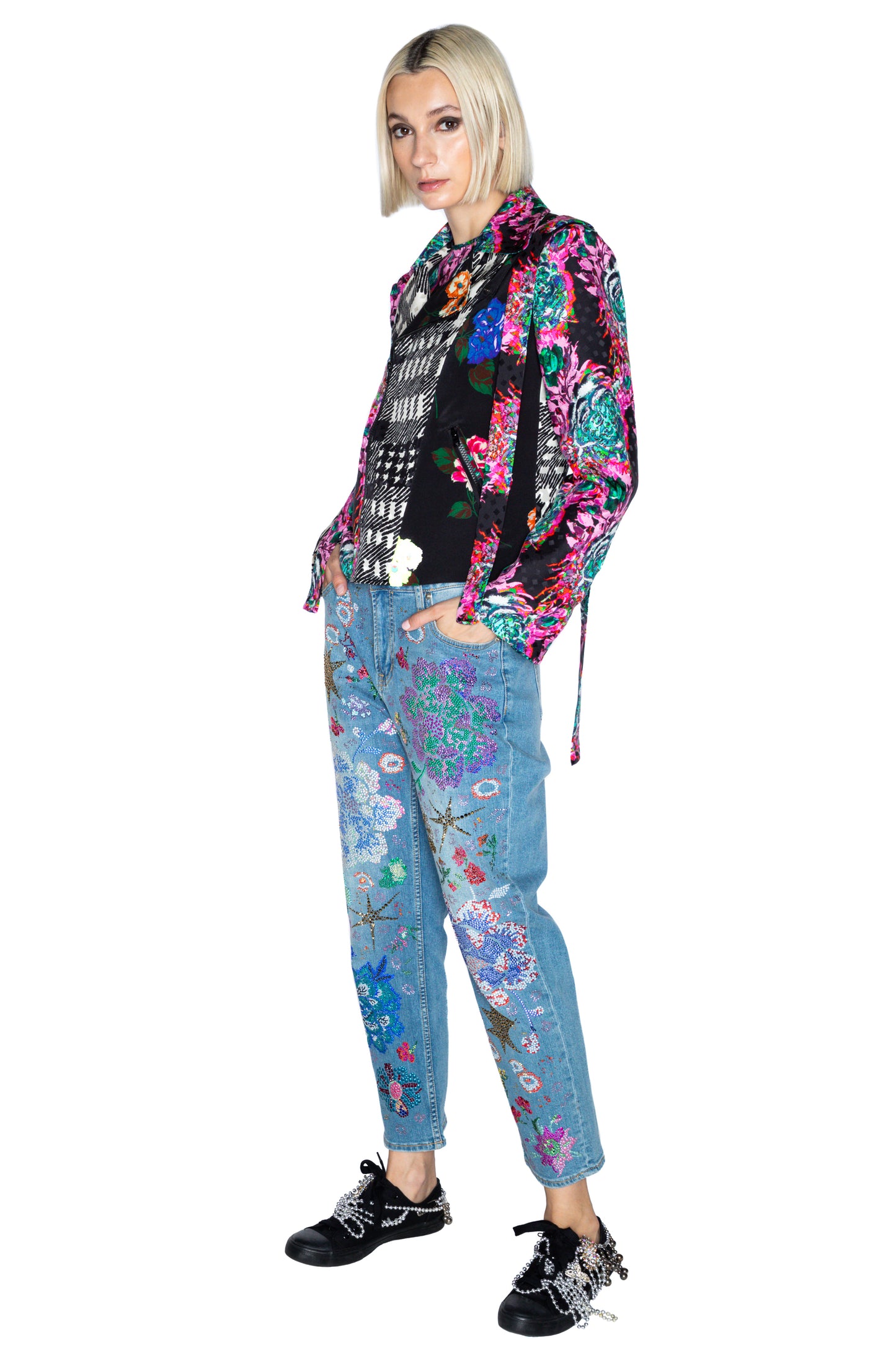 'MIXED SILK' MOTO JACKET WITH STRAPS - - Libertine