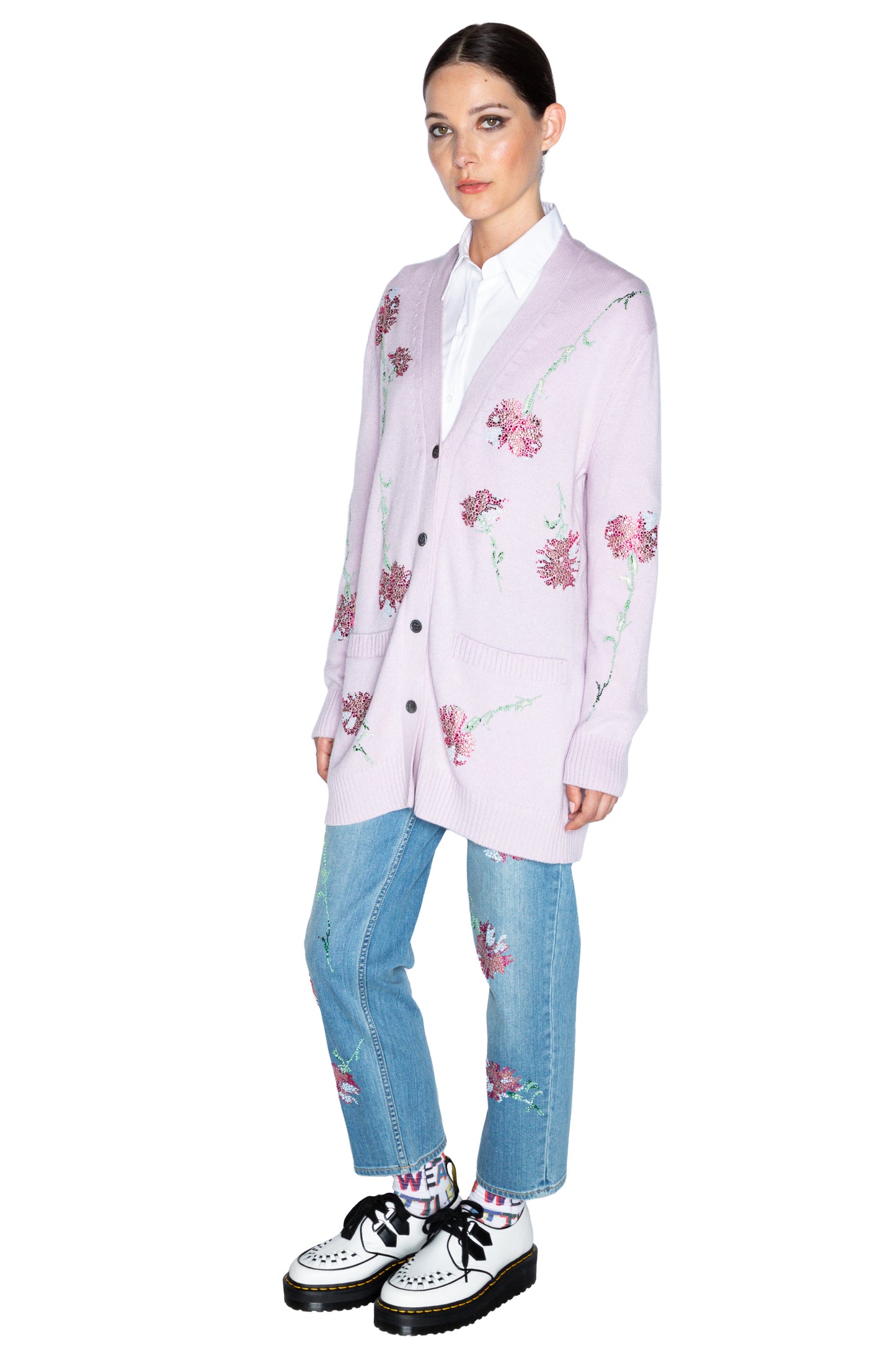 'CECIL BEATON PINK CARNATION' LILAC OVERSIZED CARDIGAN - - Libertine