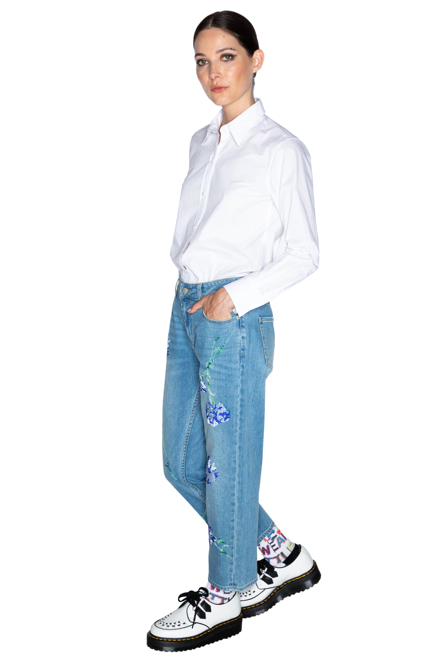 'CECIL BEATON BLUE CARNATION' CRYSTAL BOYFRIEND JEAN - PANTS - Libertine