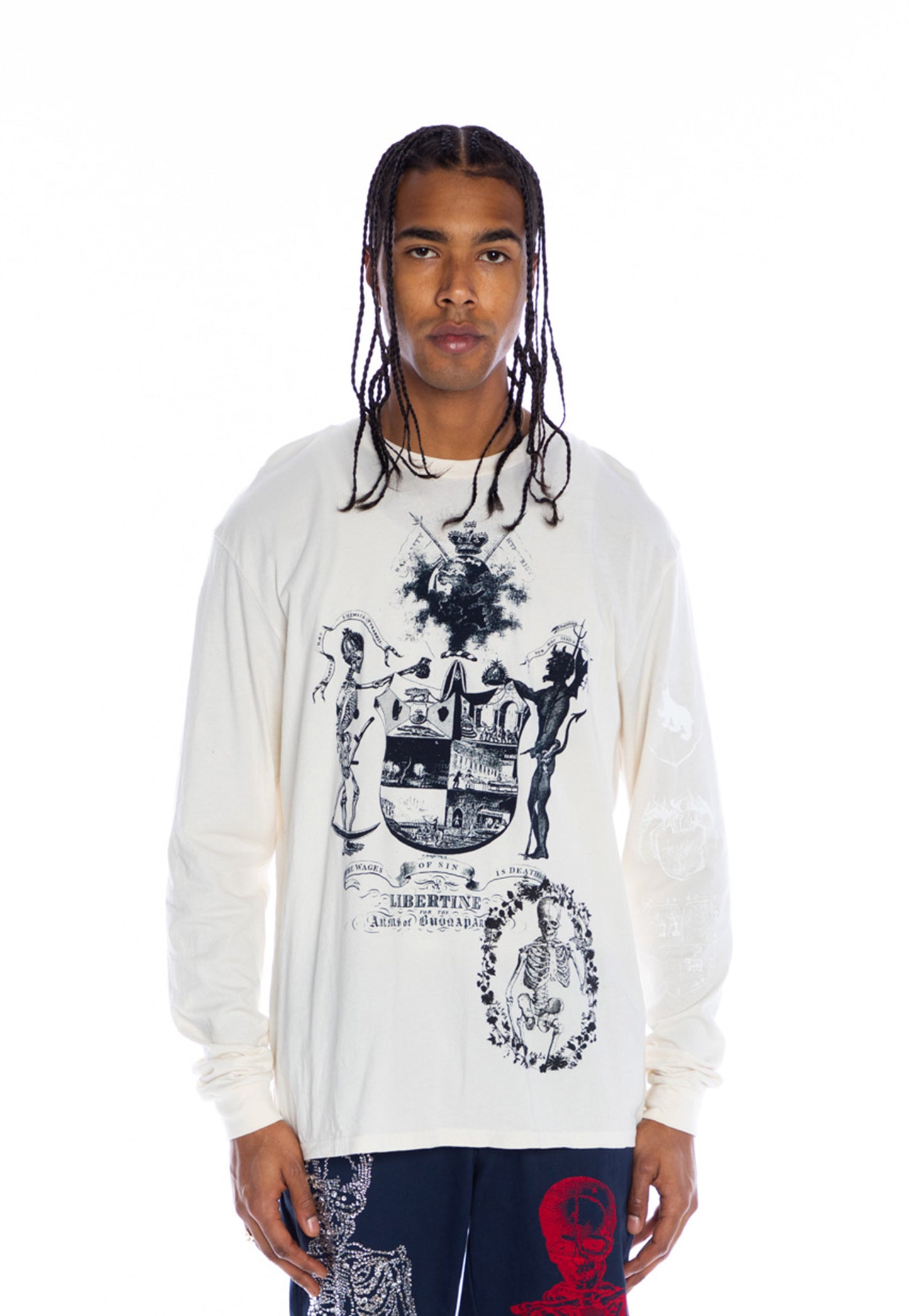 SILK SCREENED ‘FLOWER GARLAND' CREAM LONG SLEEVE T-SHIRT - T SHIRTS - Libertine