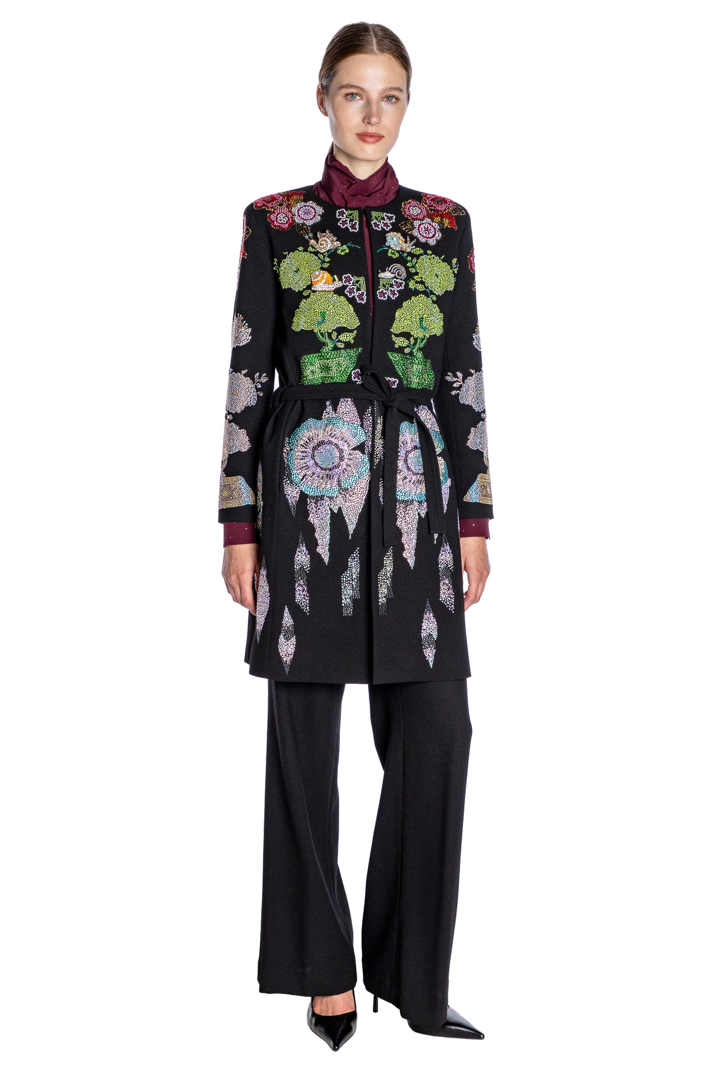 'BONSAI COLLAGE' BELTED COLLARLESS COAT - - Libertine