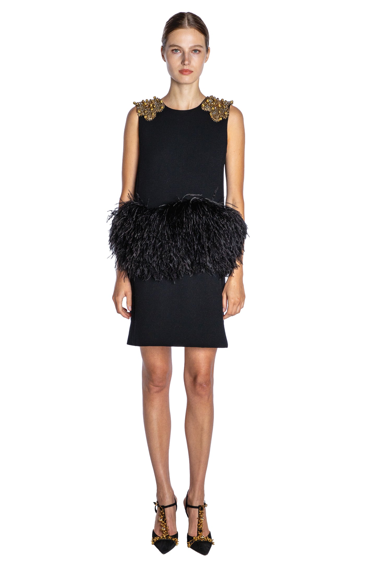 'GOLD SHOULDER' EMBELLISHED SHIFT DRESS WITH FEATHERS - - Libertine