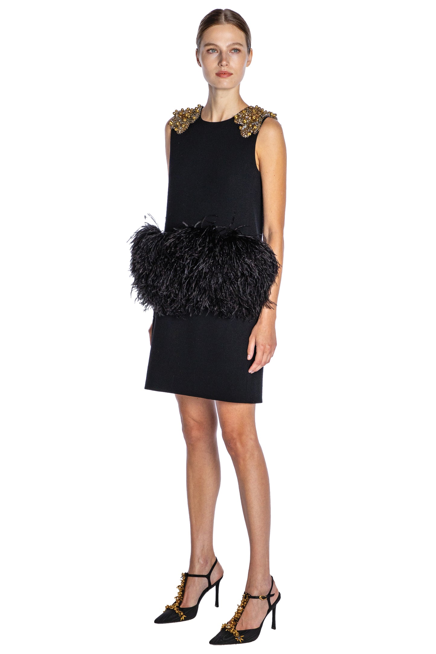 'GOLD SHOULDER' EMBELLISHED SHIFT DRESS WITH FEATHERS - - Libertine