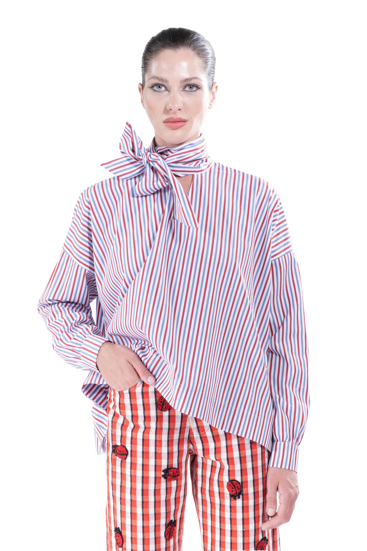 'RED/ BLUE STRIPE' TIE BLOUSE - - Libertine
