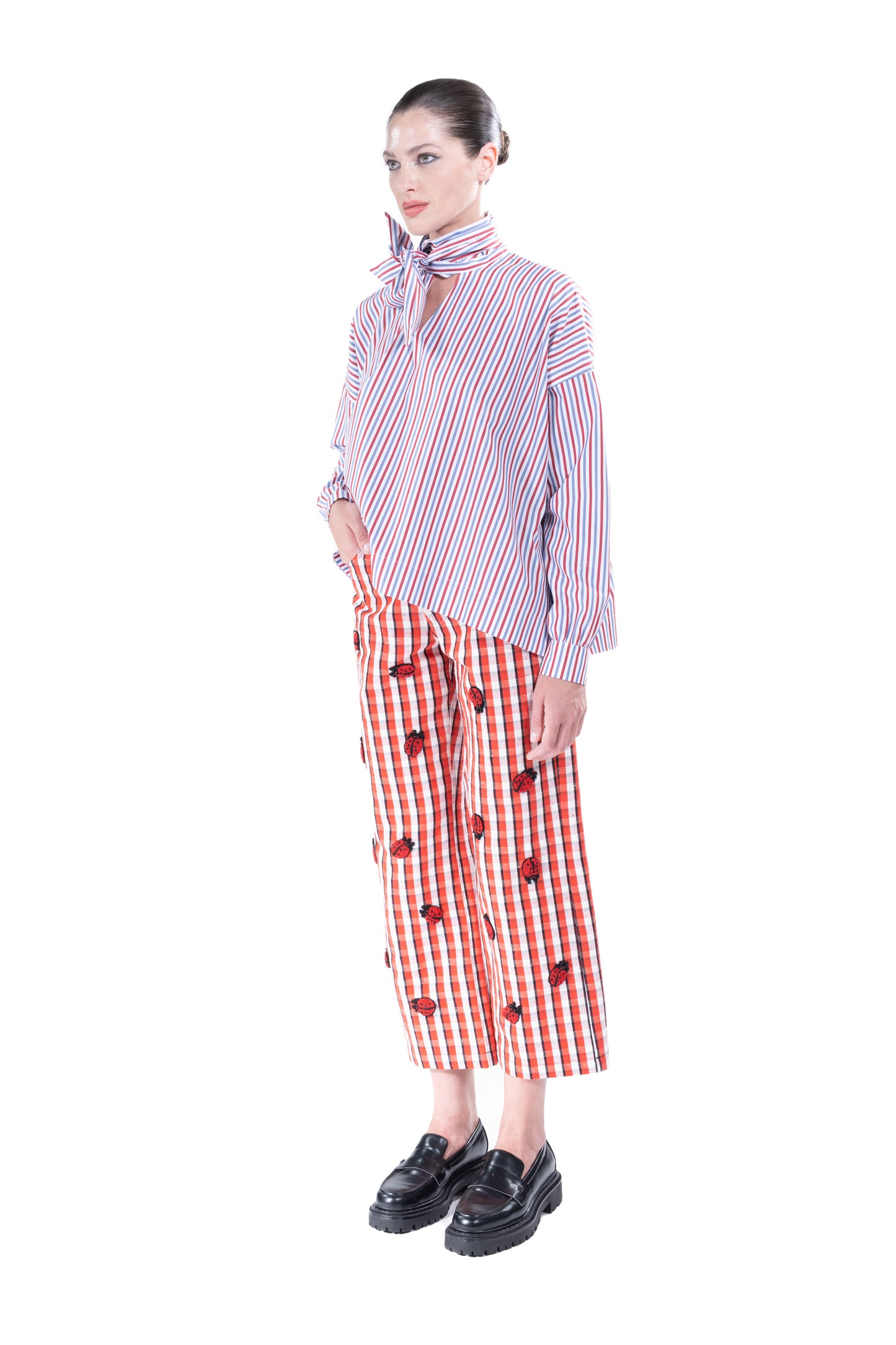 'RED/ BLUE STRIPE' TIE BLOUSE - - Libertine