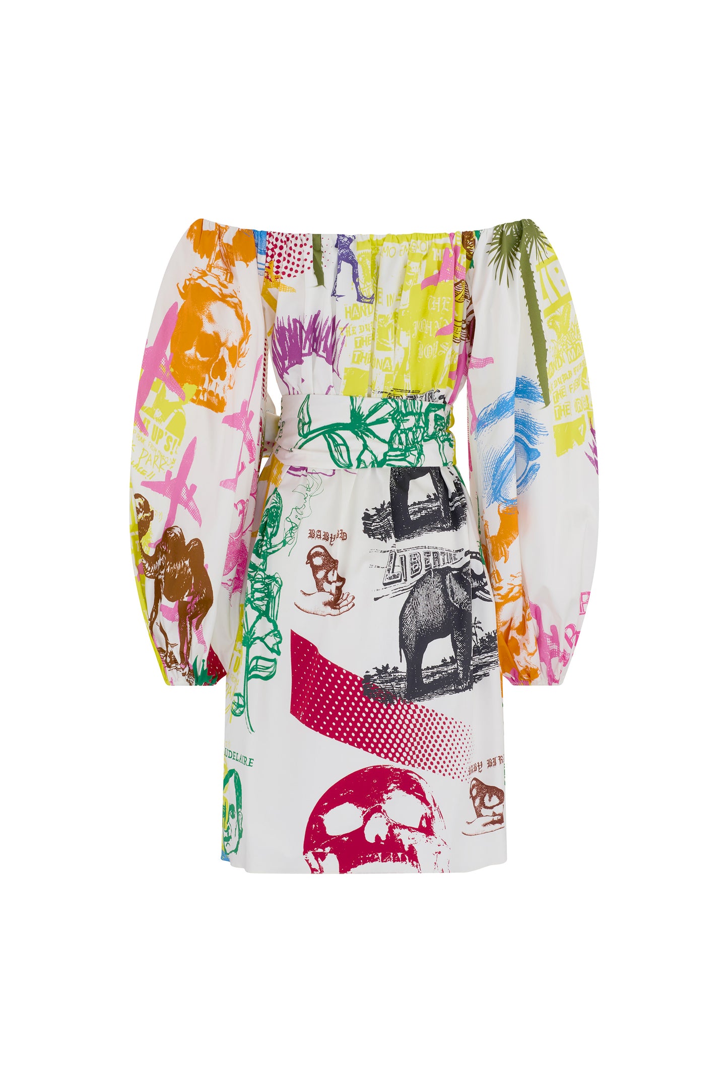 'LIBERTINE SILK SCREENS' OFF THE SHOULDER DRESS - - Libertine