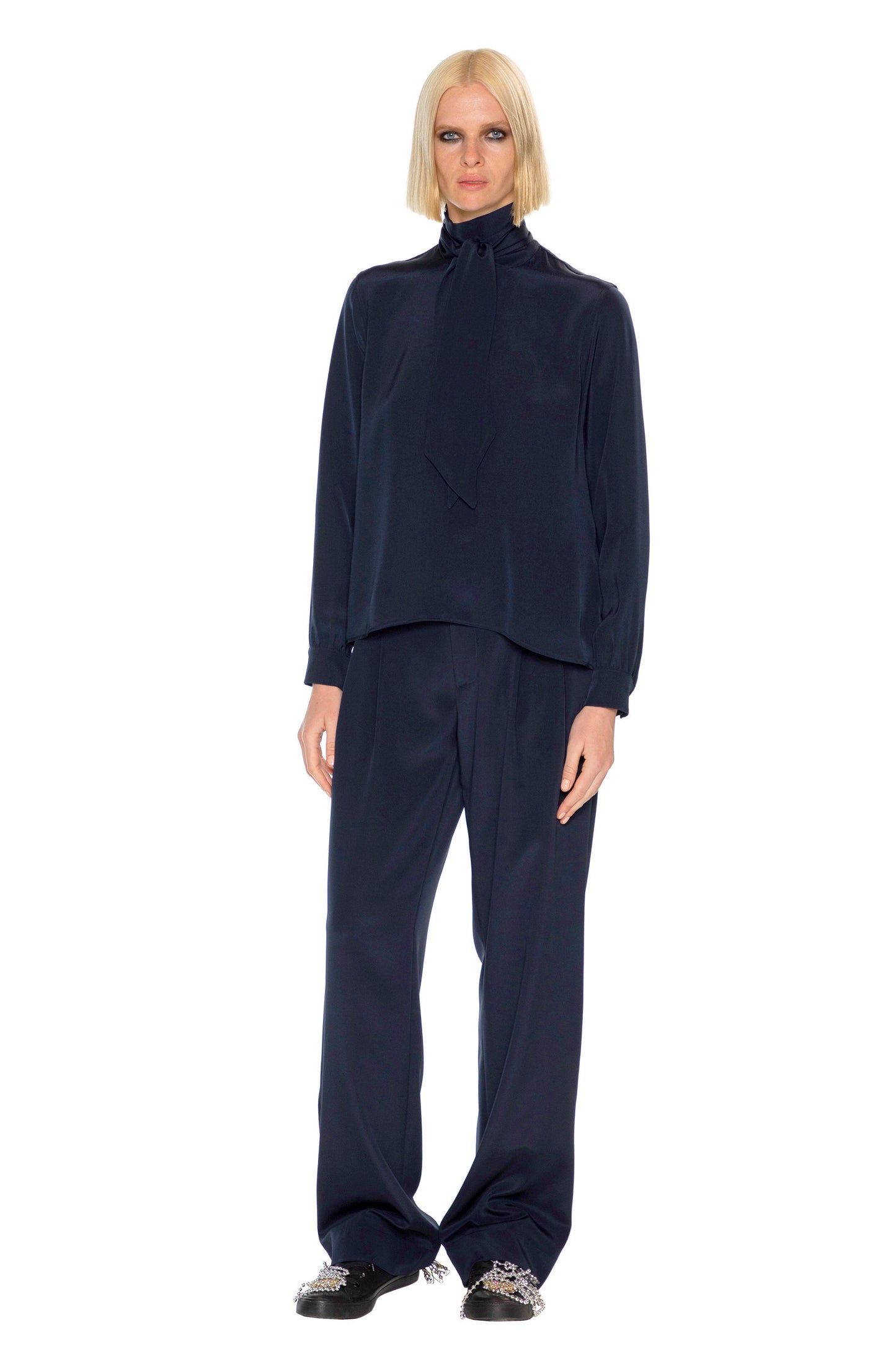 'FRENCH NAVY' SLIM KEITH TIE BLOUSE - - Libertine