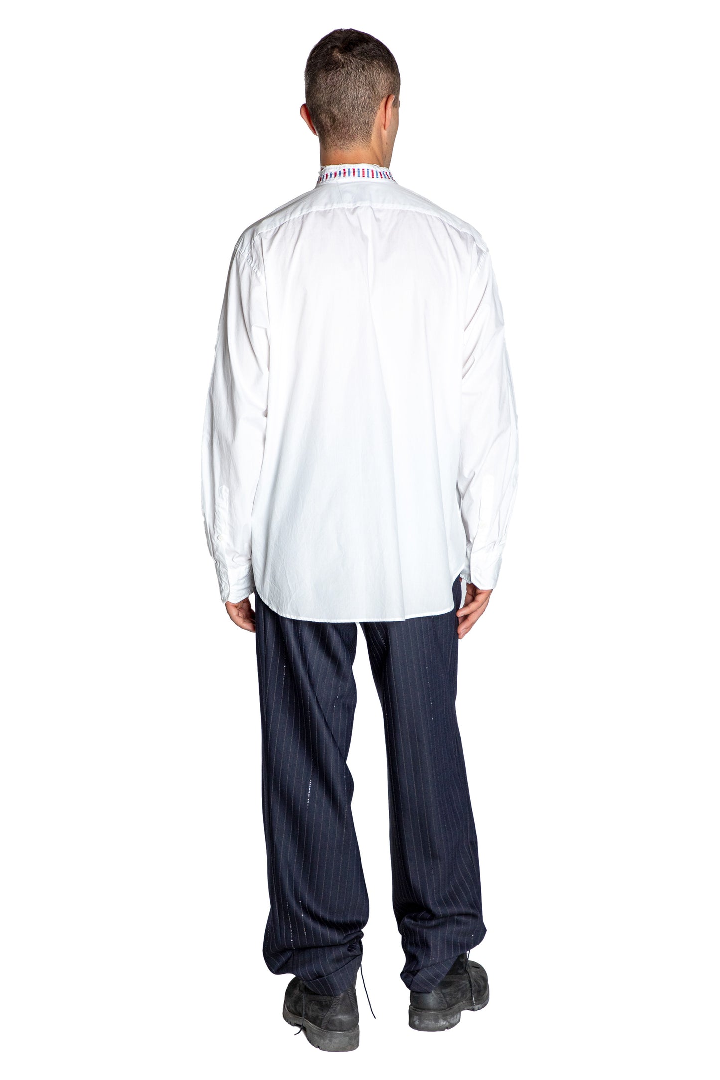 'STRIPE SKULLS' DECONSTRUCTED COLLARLESS CLASSIC SHIRT WITH TIE - - Libertine