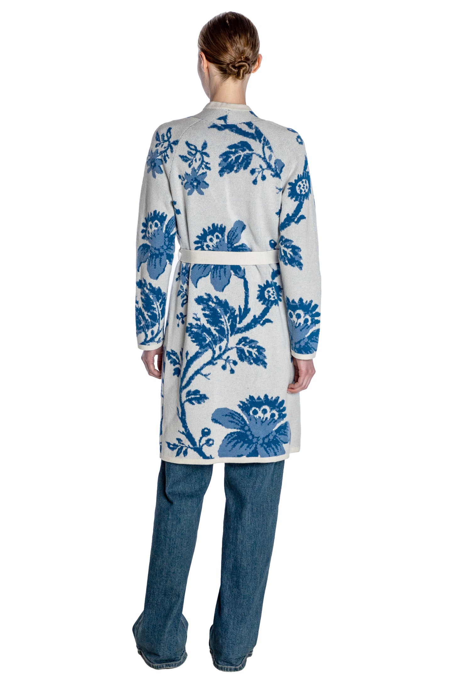 'OVERSIZED BLUE FLORAL' SLIM BELTED CARDIGAN - - Libertine