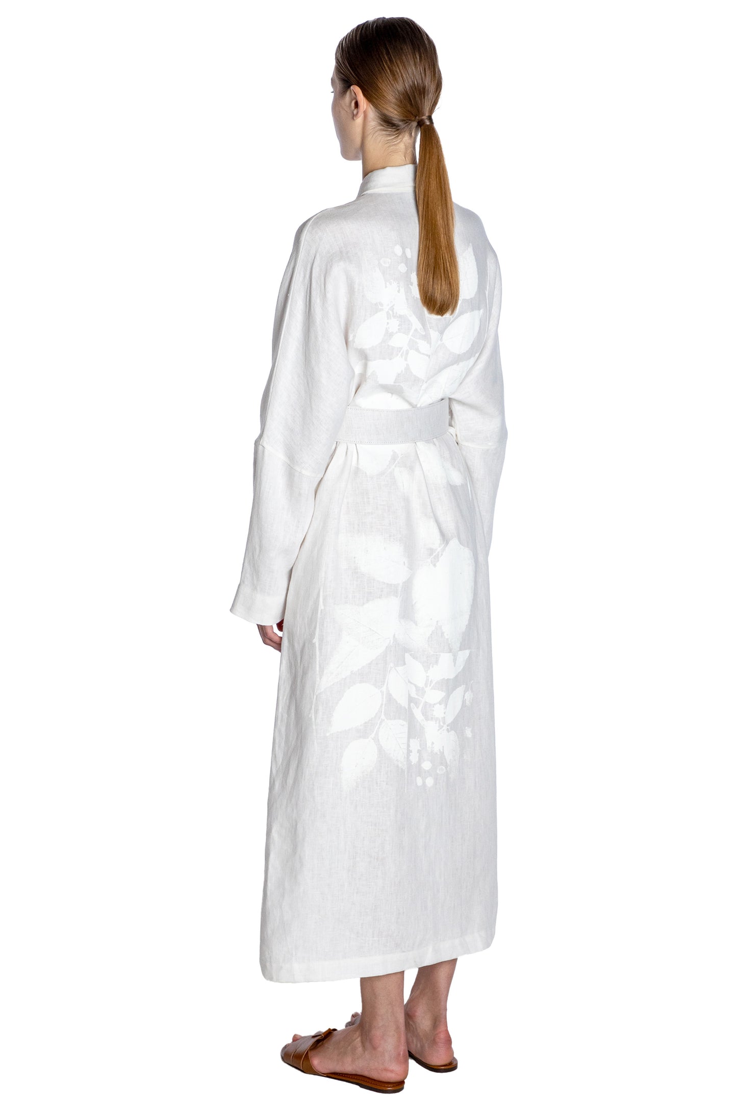 'WHITE ON WHITE HAND SILK SCREEN' BELTED BUTTON DOWN SHIRT DRESS - - Libertine