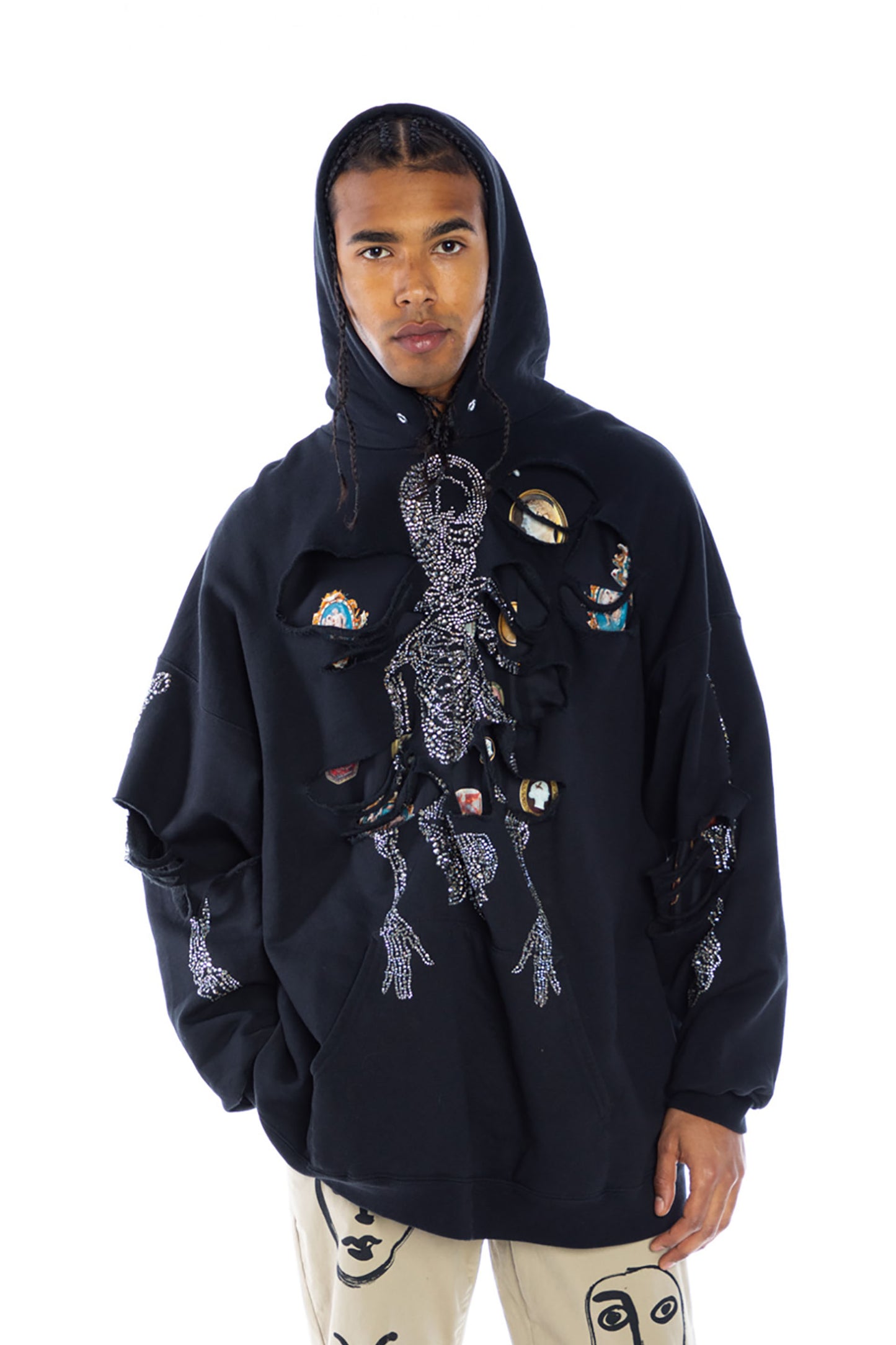 CRYSTAL ‘SQUELETTES' DESTROYED HOODIE PULLOVER SWEATSHIRT GENEROUS FIT - SWEATSHIRTS - Libertine