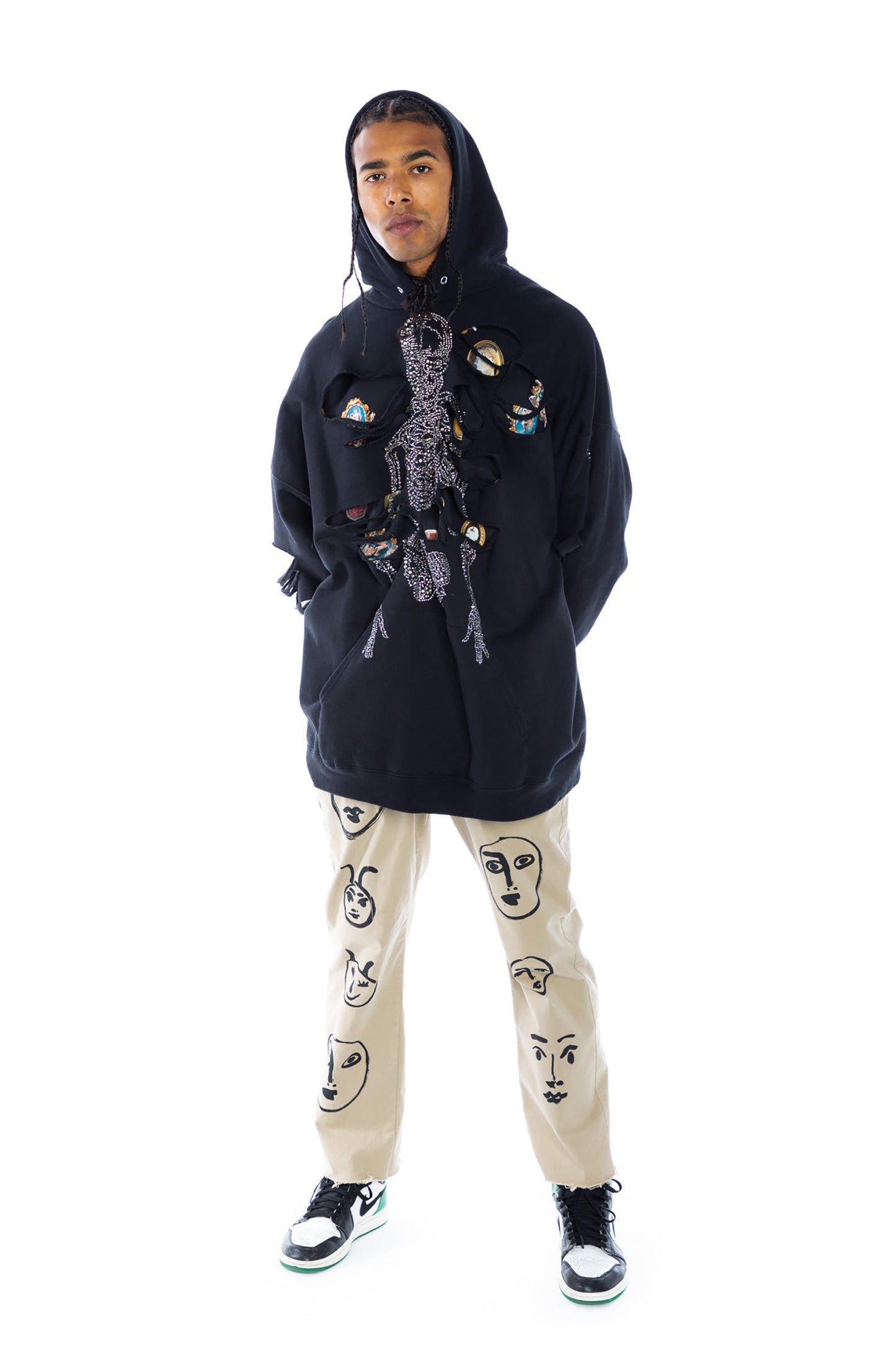 CRYSTAL ‘SQUELETTES' DESTROYED HOODIE PULLOVER SWEATSHIRT GENEROUS FIT - SWEATSHIRTS - Libertine