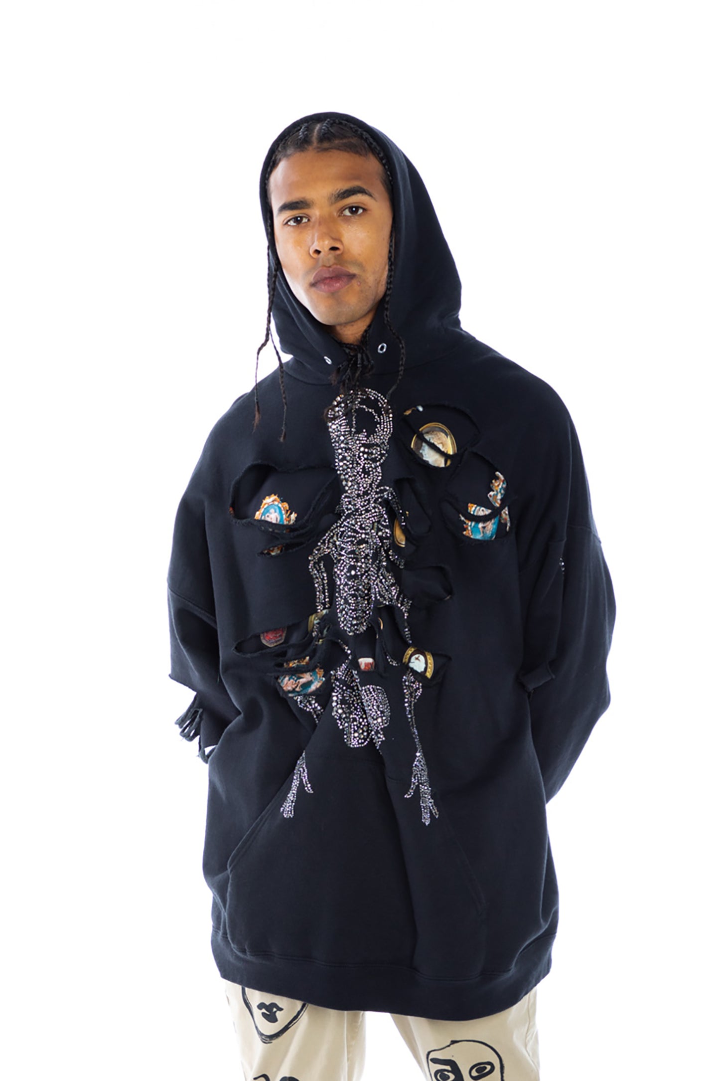 CRYSTAL ‘SQUELETTES' DESTROYED HOODIE PULLOVER SWEATSHIRT GENEROUS FIT - SWEATSHIRTS - Libertine