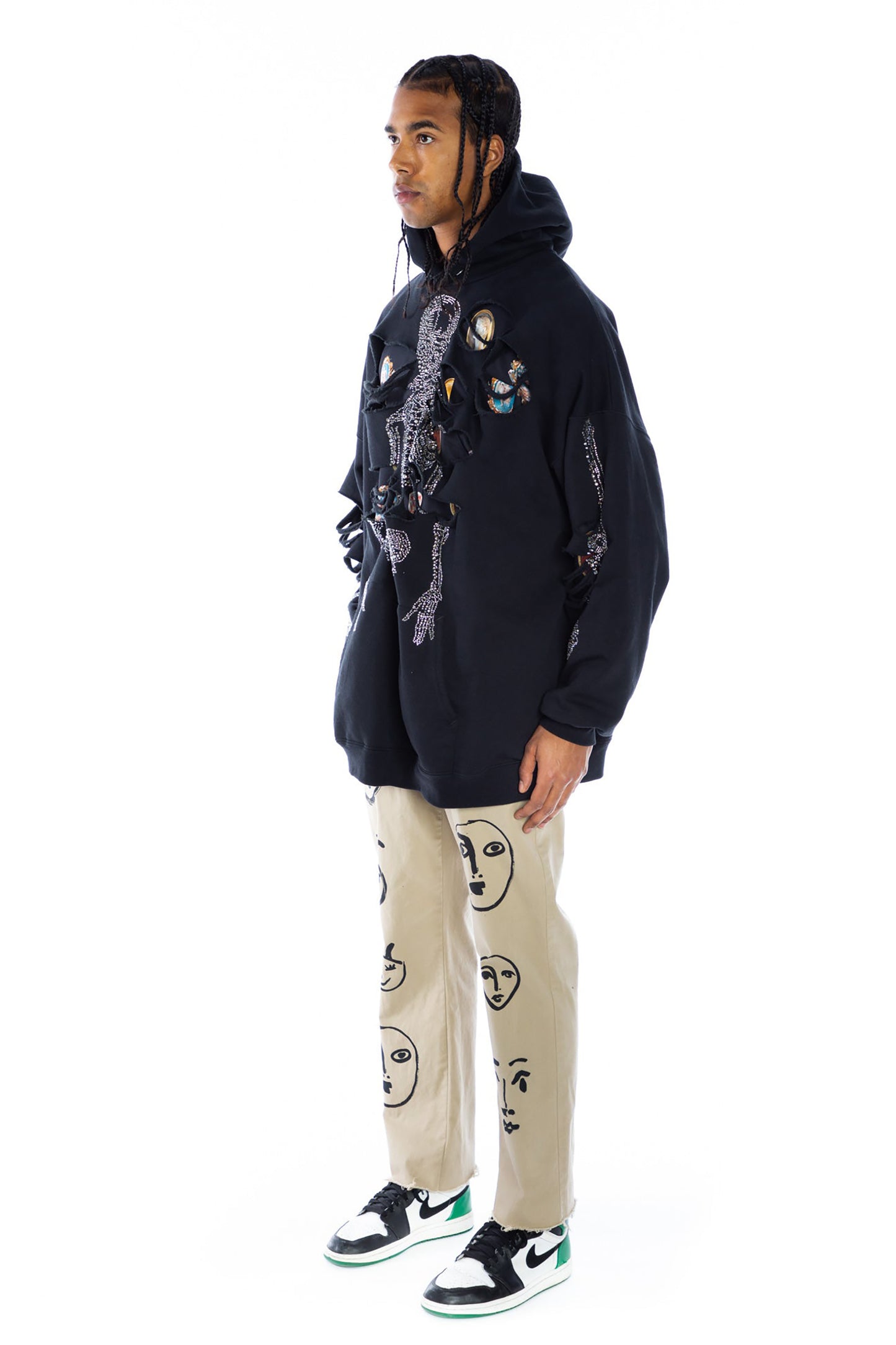 CRYSTAL ‘SQUELETTES' DESTROYED HOODIE PULLOVER SWEATSHIRT GENEROUS FIT - SWEATSHIRTS - Libertine