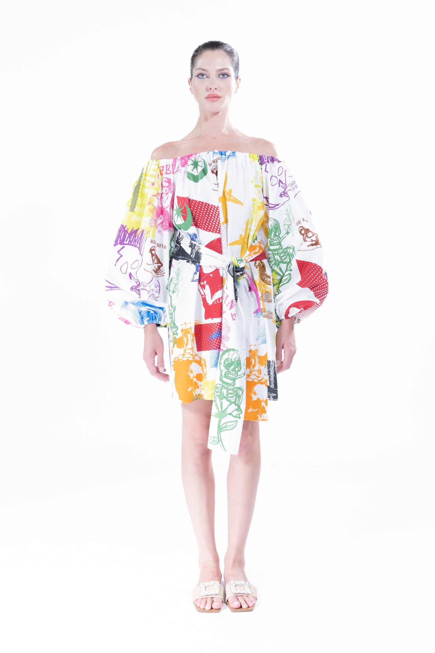 'LIBERTINE SILK SCREENS' OFF THE SHOULDER DRESS - - Libertine