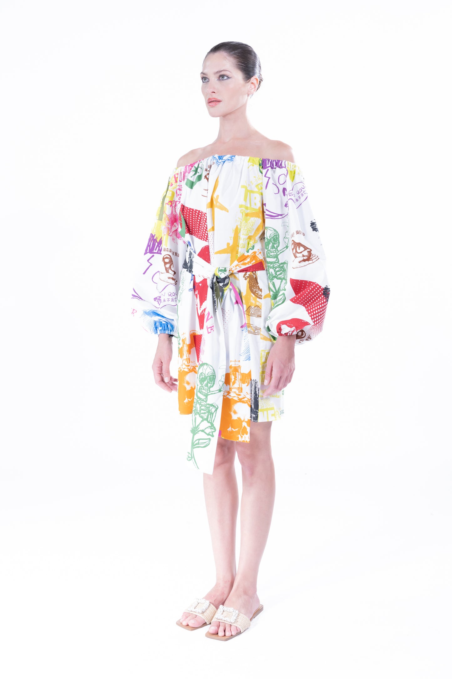 'LIBERTINE SILK SCREENS' OFF THE SHOULDER DRESS - - Libertine