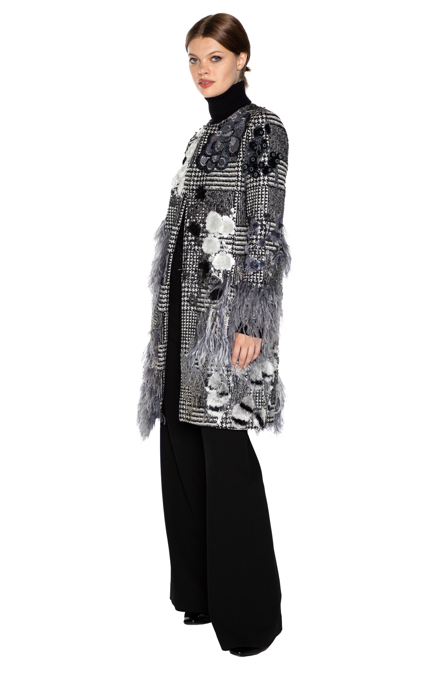 'GLAM ROCK' CLASSIC COLLARLESS COAT WITH FEATHERS -  - Libertine