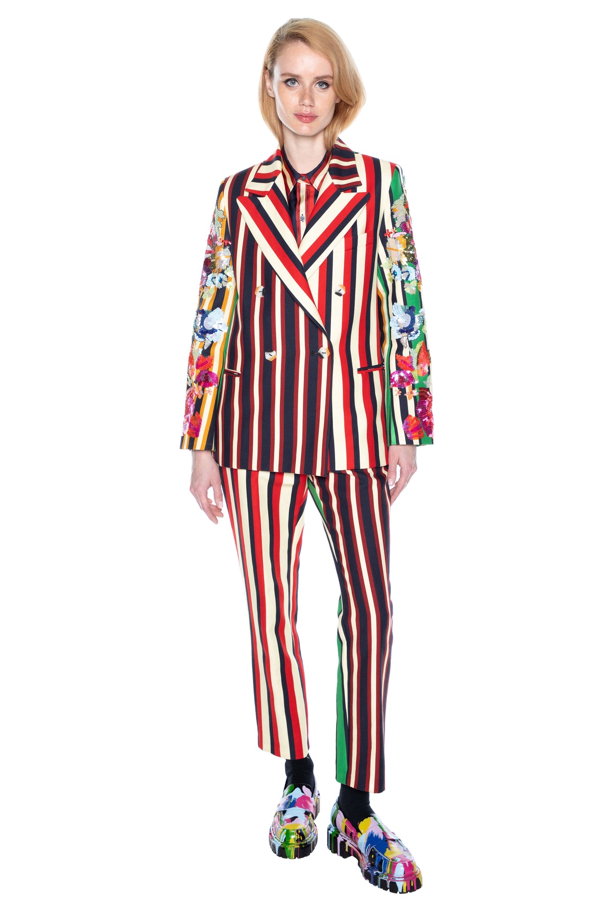 'EMBROIDERED ETON STRIPE' DOUBLE BREASTED BLAZER W/ EMBELLISHED SLEEVES -  - Libertine