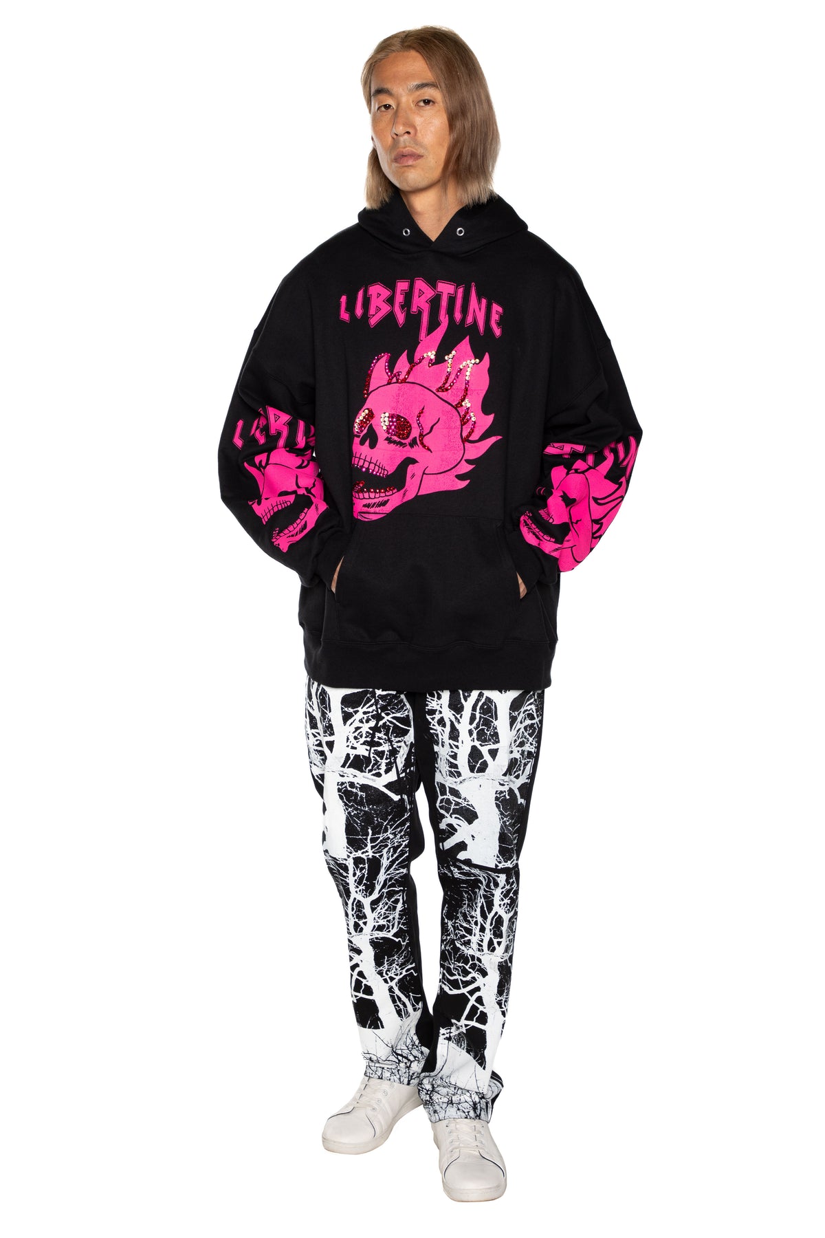 'LIB FLAMING SKULL PINK' HOODIE WITH CRYSTALS -  - Libertine