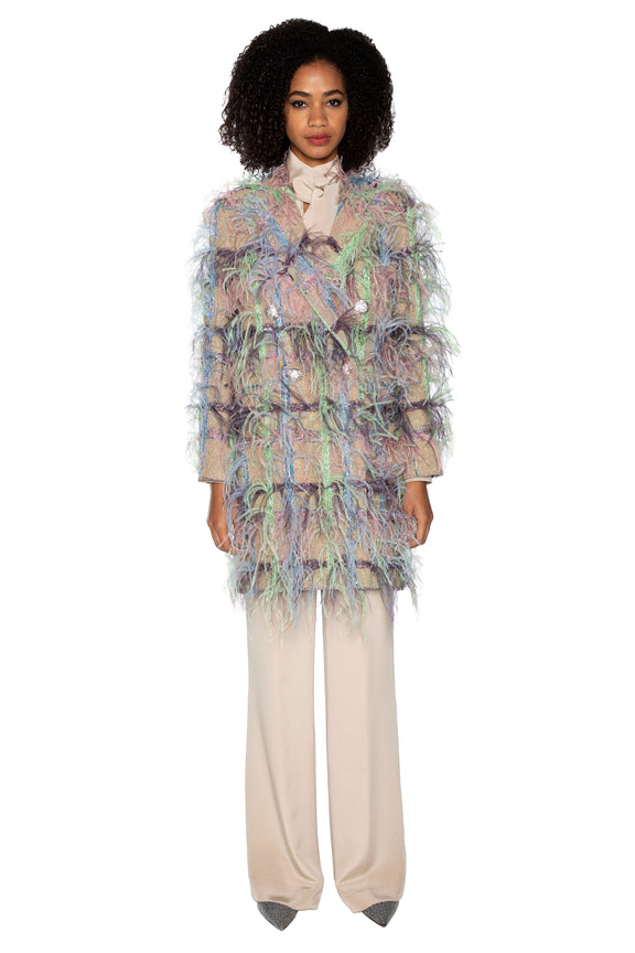 'Lakmé' FAWN BOUCLE DOUBLE BREASTED COAT WITH FEATHERS -  - Libertine