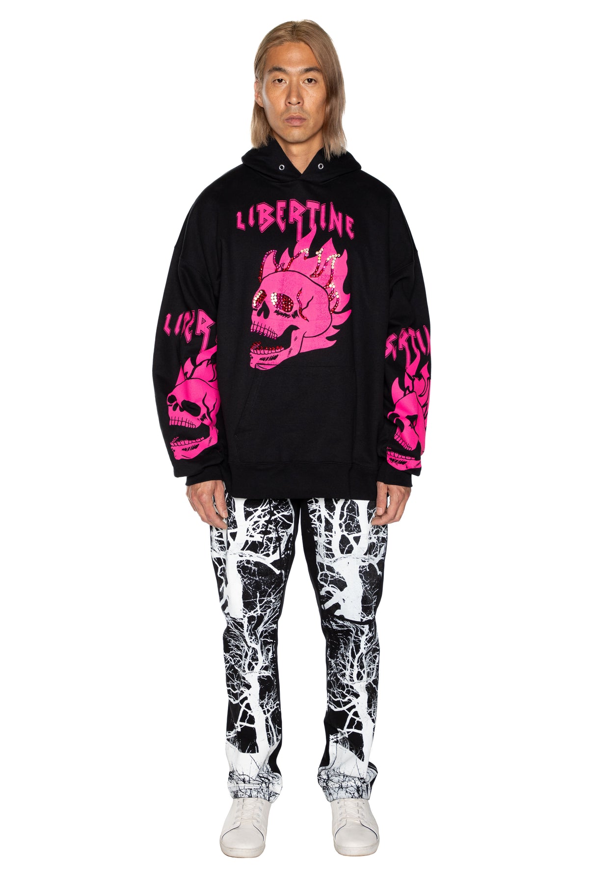 'LIB FLAMING SKULL PINK' HOODIE WITH CRYSTALS -  - Libertine